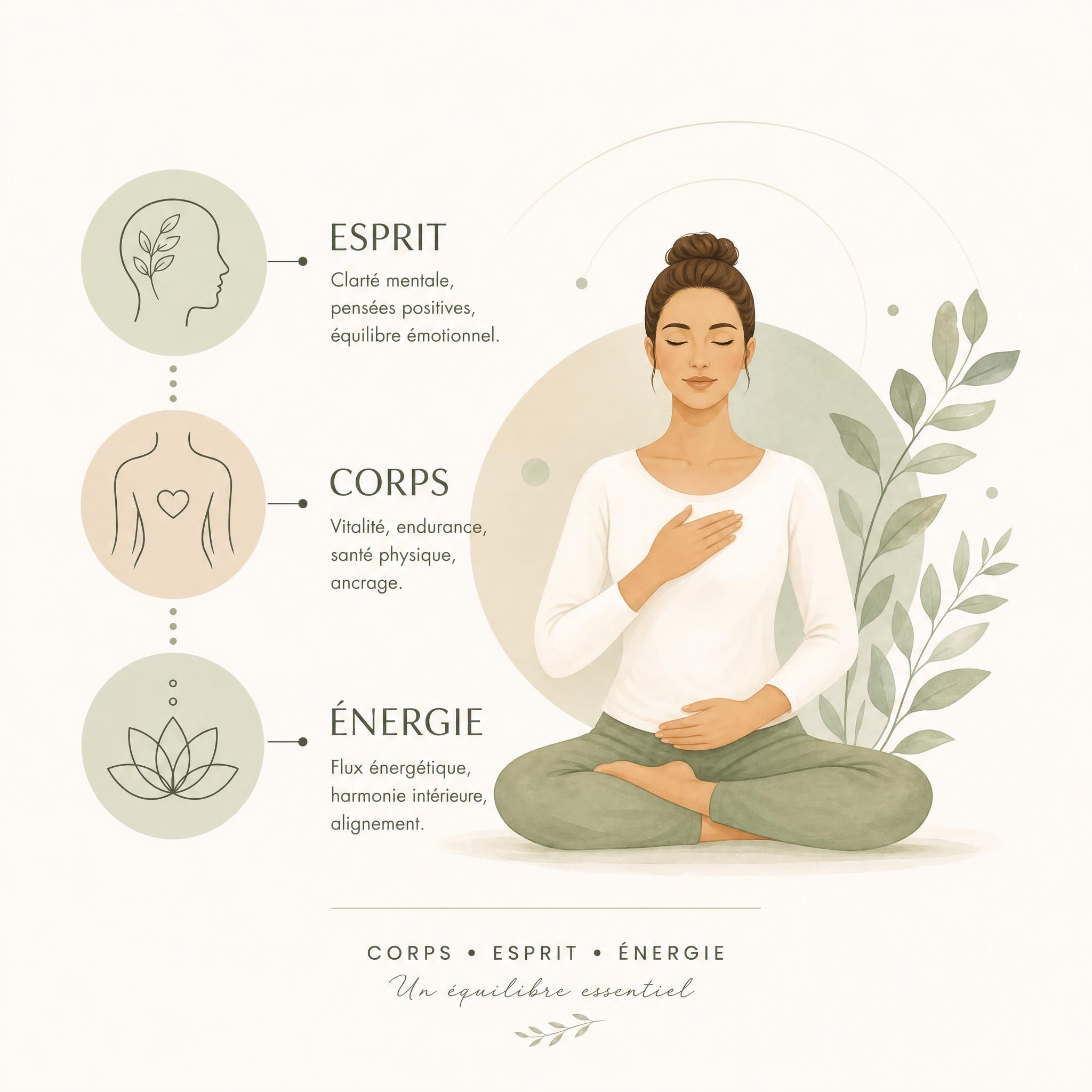 Illustration douce représentant les trois niveaux corps-esprit-énergie avec des tons apaisants beige et vert, style minimaliste pour blog bien-être