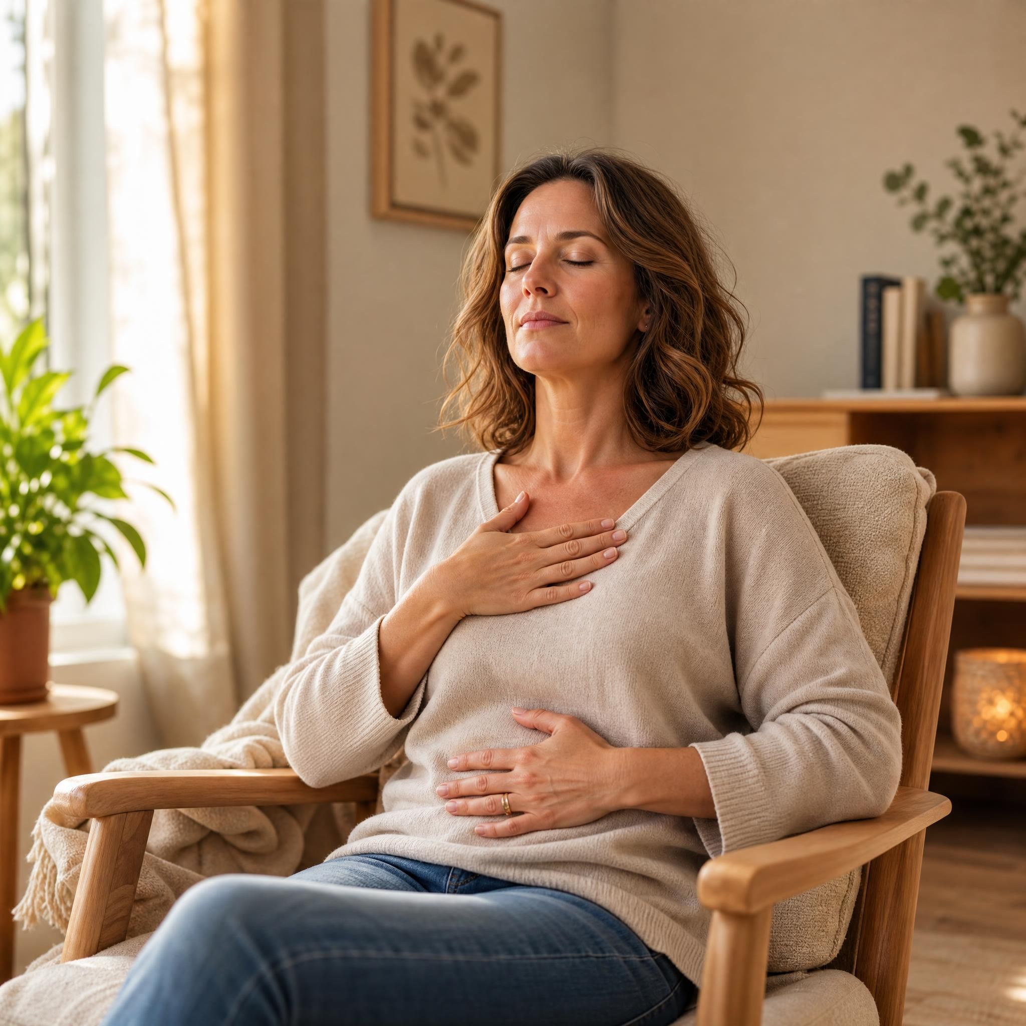 Femme d'environ 40 ans, yeux fermés, visage serein, assise dans un fauteuil chaleureux aux tons beige et bois clair, pratiquant un exercice de respiration profonde, lumière naturelle douce, ambiance calme et sécurisante