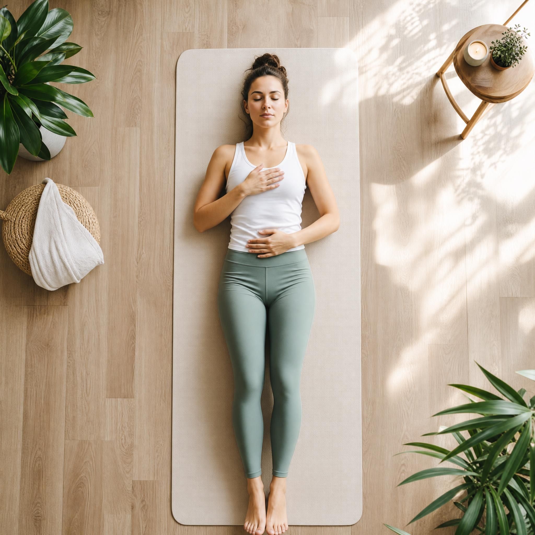 Vue de dessus d'une femme allongée sur un tapis de yoga clair, pratiquant un scan corporel doux, dans un intérieur lumineux et épuré, ambiance méditative et apaisante