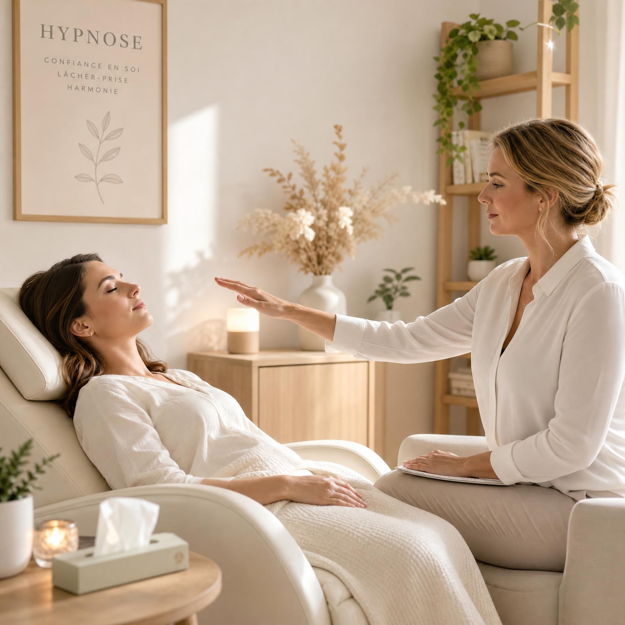 Femme sereine pratiquant une séance d'hypnose thérapeutique avec une praticienne bienveillante, ambiance lumineuse et chaleureuse, tons doux beige et blanc cassé, cadre professionnel apaisant