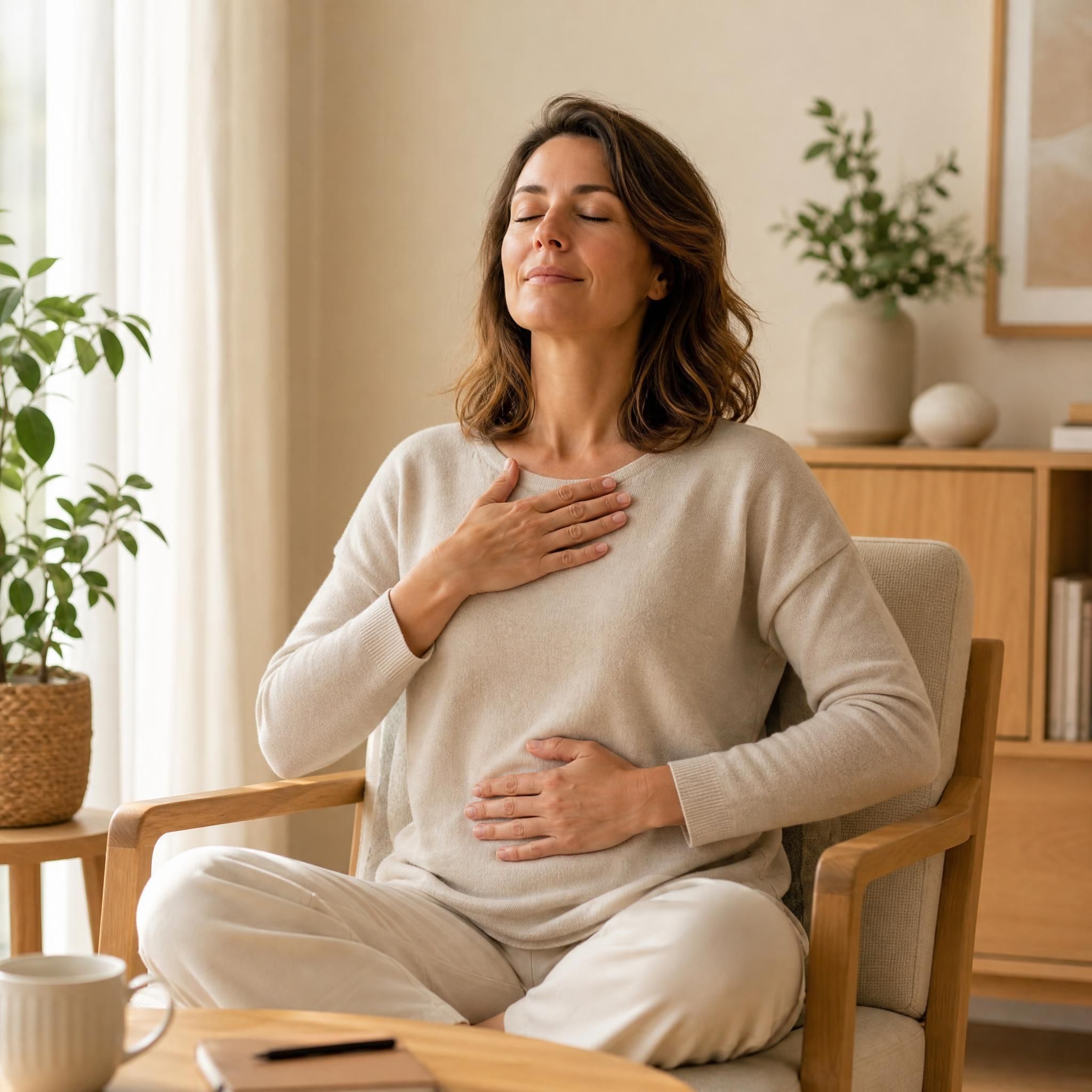 Femme d'environ 40 ans, yeux fermés, visage serein, assise dans un fauteuil confortable, pratiquant un exercice de respiration profonde dans un espace chaleureux aux tons beige et bois clair, lumière naturelle douce