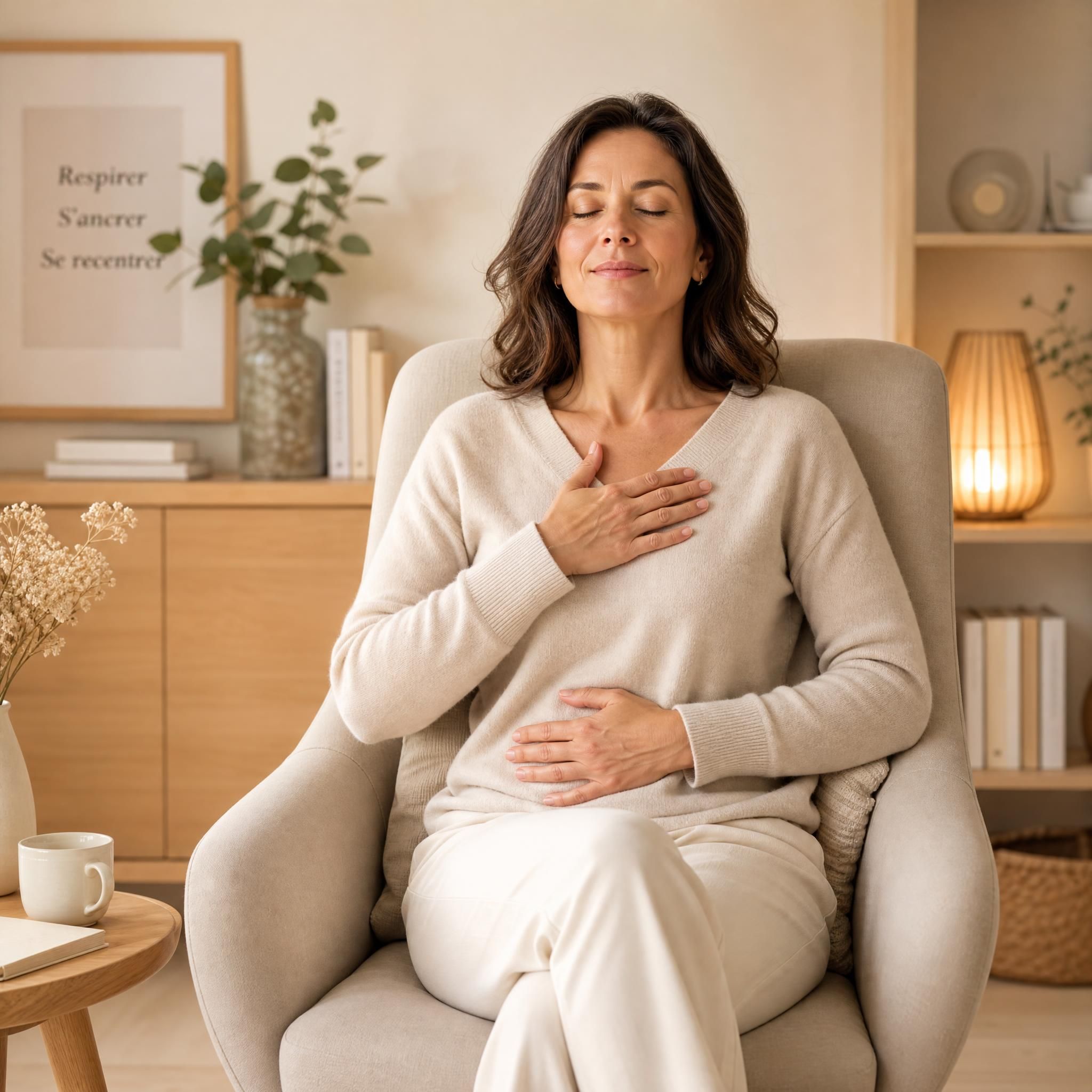 Femme d'environ 40 ans, yeux fermés, visage serein, assise dans un fauteuil confortable, pratiquant un exercice de respiration profonde dans un espace chaleureux aux tons beige et bois clair