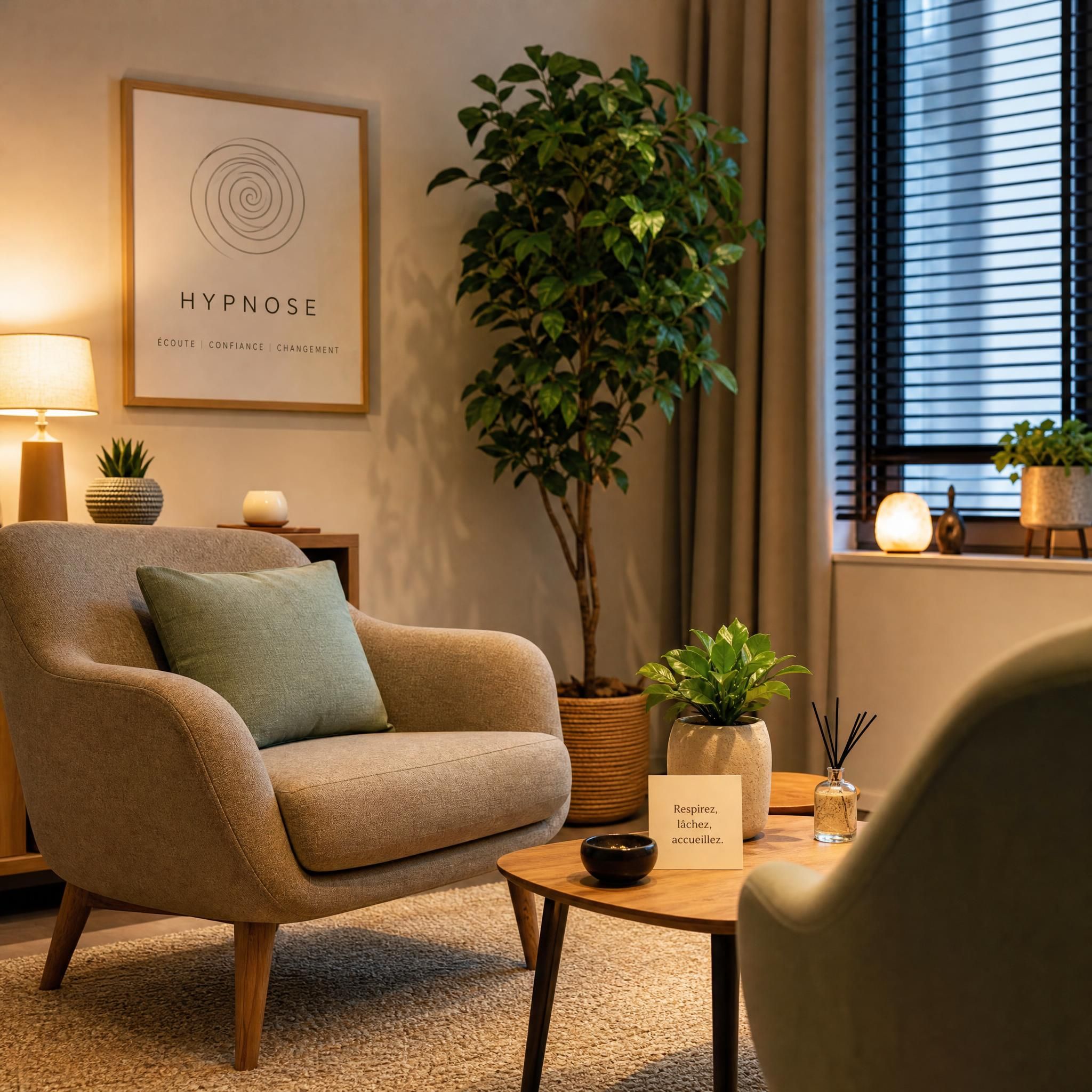 Espace de consultation chaleureux et apaisant, fauteuil confortable, plante verte, lumière tamisée, ambiance professionnelle et bienveillante, évoquant un accompagnement thérapeutique en hypnose