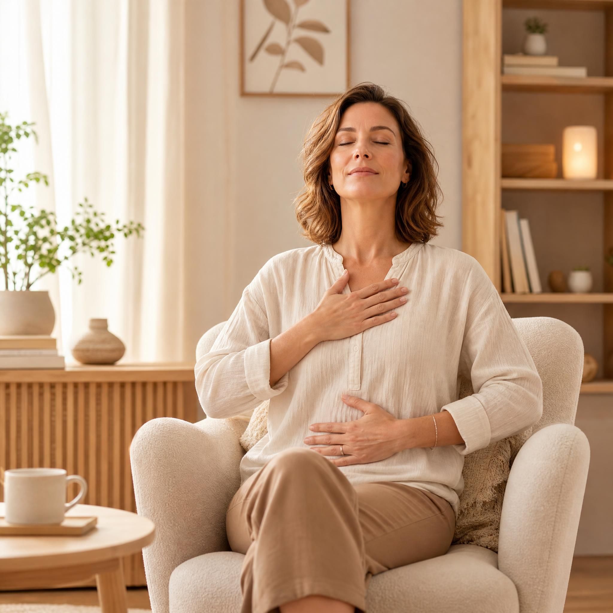 Femme d'environ 40 ans, yeux fermés, visage serein, assise dans un fauteuil chaleureux, pratiquant un exercice de respiration profonde dans un espace lumineux aux tons beige et bois clair