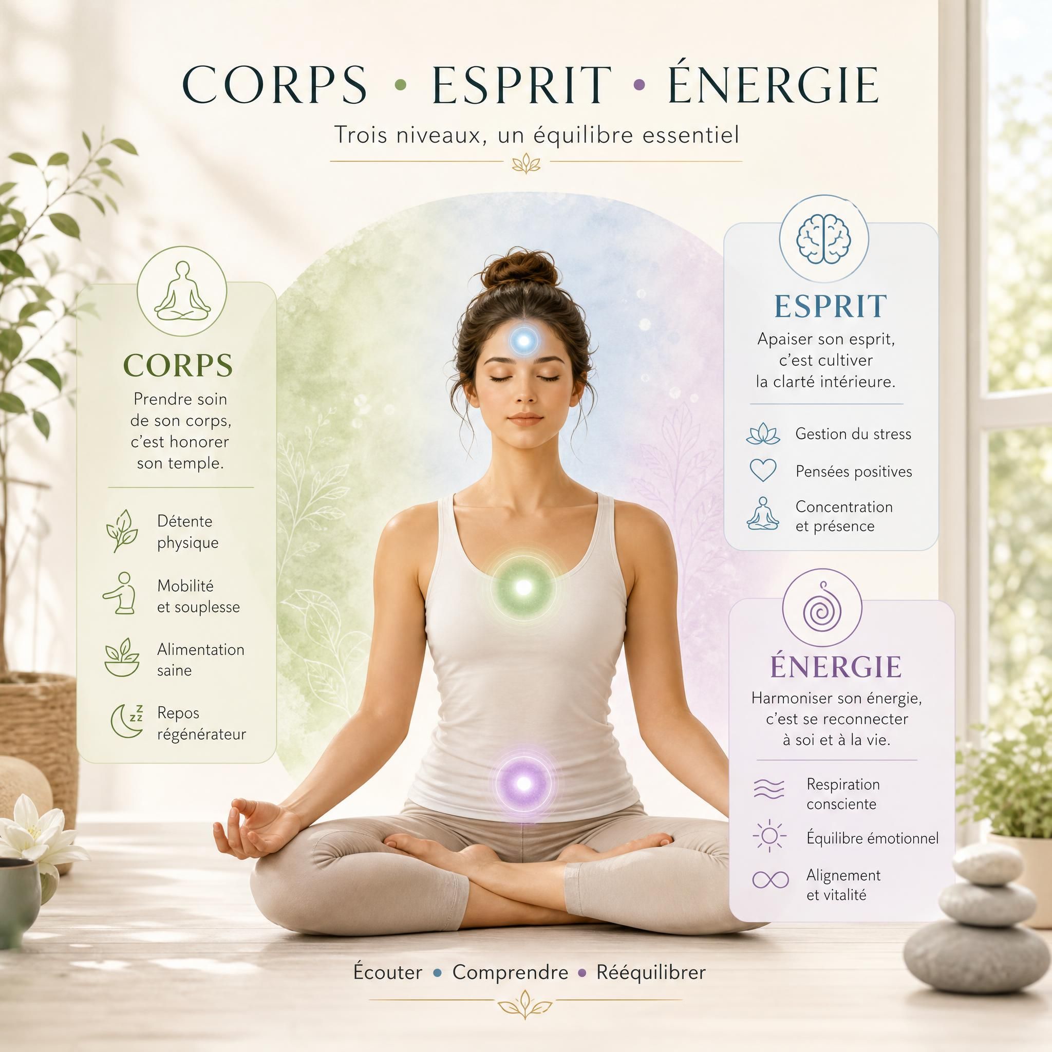 Illustration douce représentant les trois niveaux corps-esprit-énergie avec des zones corporelles apaisées, tons pastels et lumière naturelle