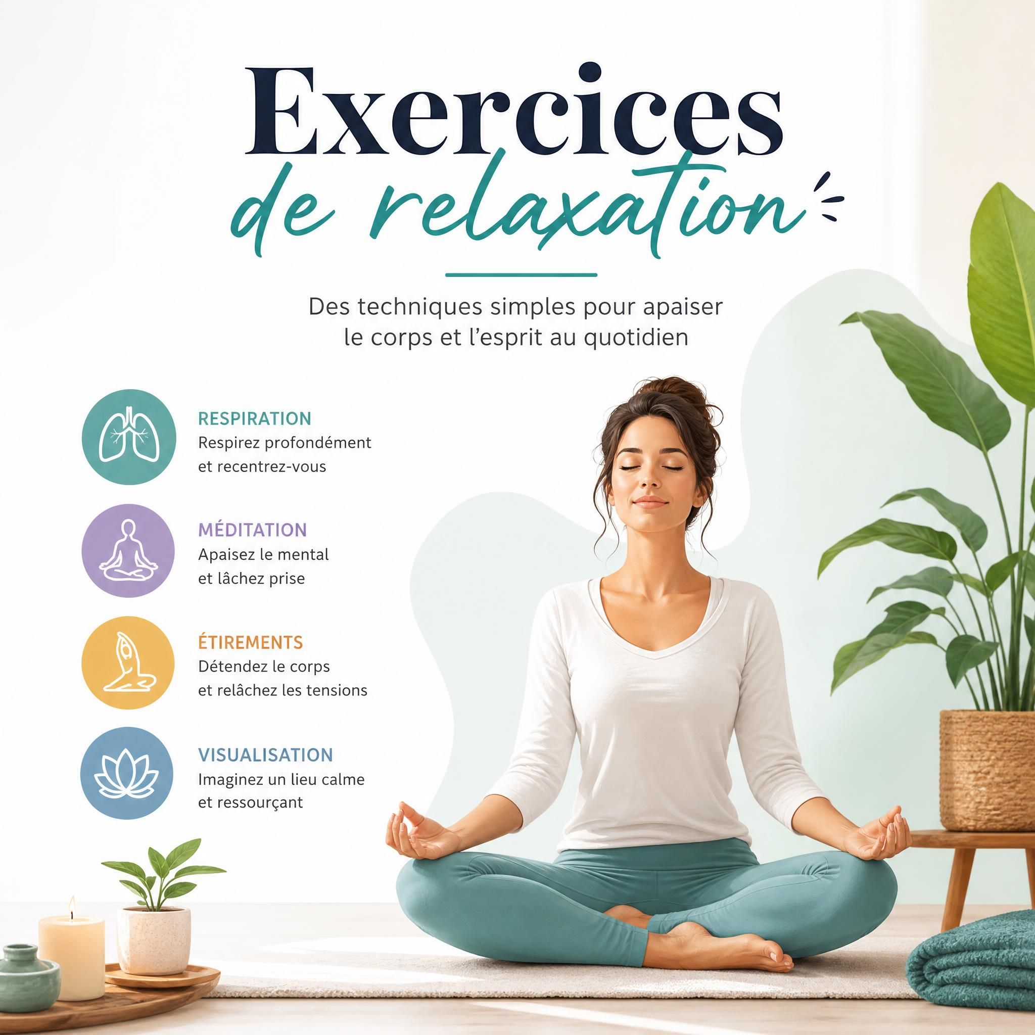 Femme d’environ 40 ans, yeux fermés, visage serein, assise dans un fauteuil confortable, pratiquant un exercice de respiration profonde dans un espace ch
3 exercices de relaxation pour apaiser votre système nerveux en 10 minutes
![exercices de relaxation