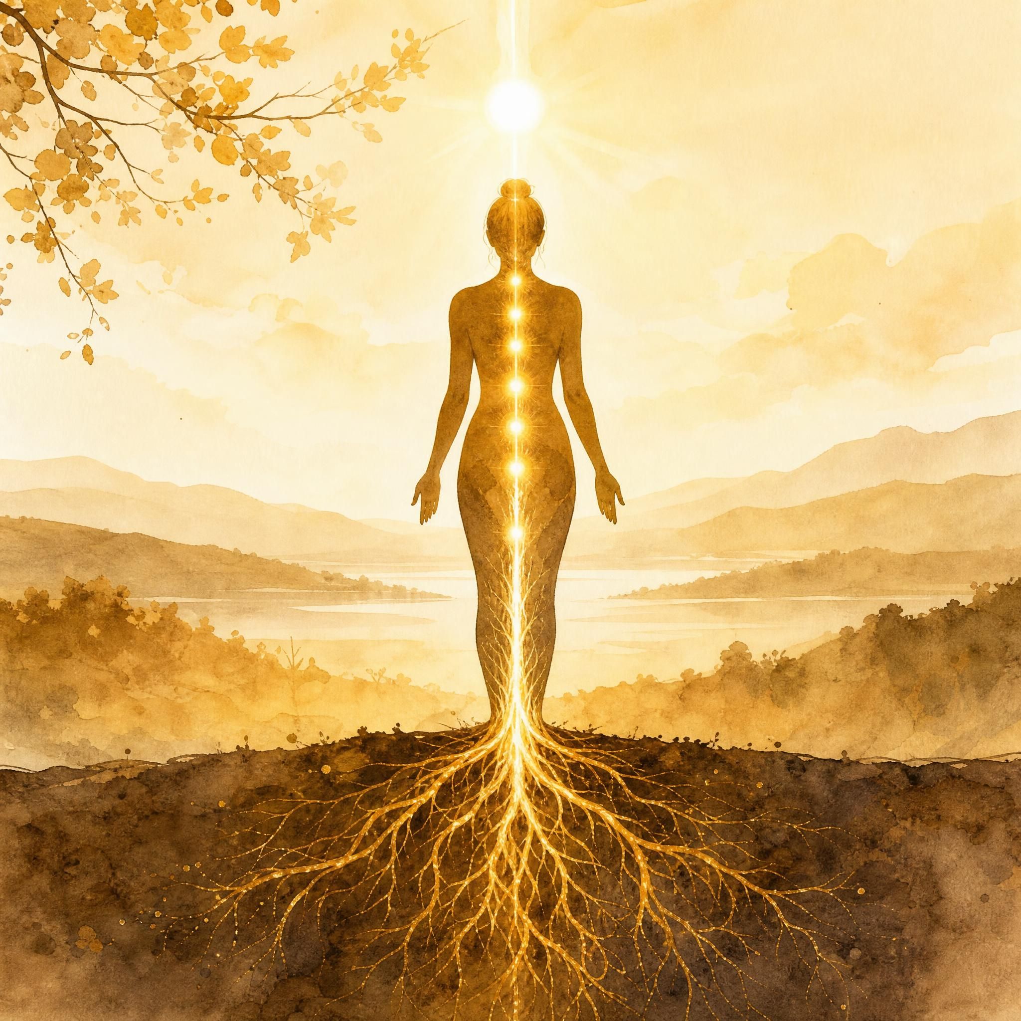 Illustration d'une silhouette humaine enracinée comme un arbre, racines descendant vers la terre, lumière dorée descendant le long de la colonne, tons chauds et apaisants, style aquarelle minimaliste