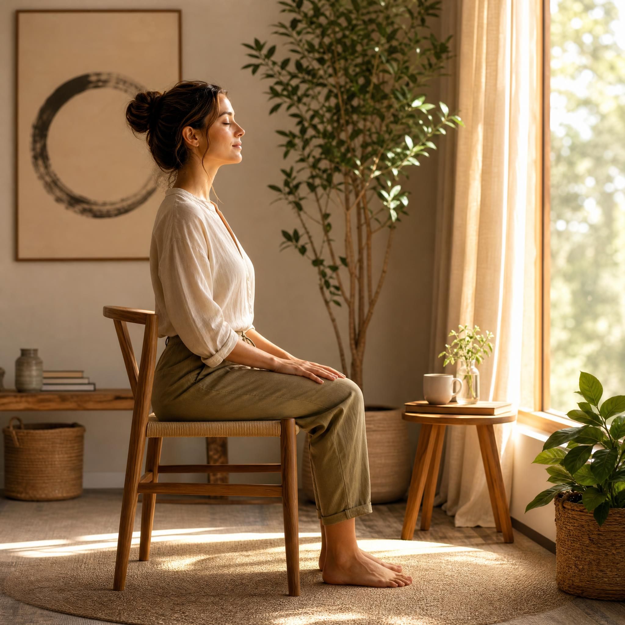 Femme assise les pieds bien à plat sur le sol, dos droit, dans un espace intérieur naturel et serein, avec une lumière dorée filtrant par une fenêtre, illustrant la stabilité et l'ancrage intérieur