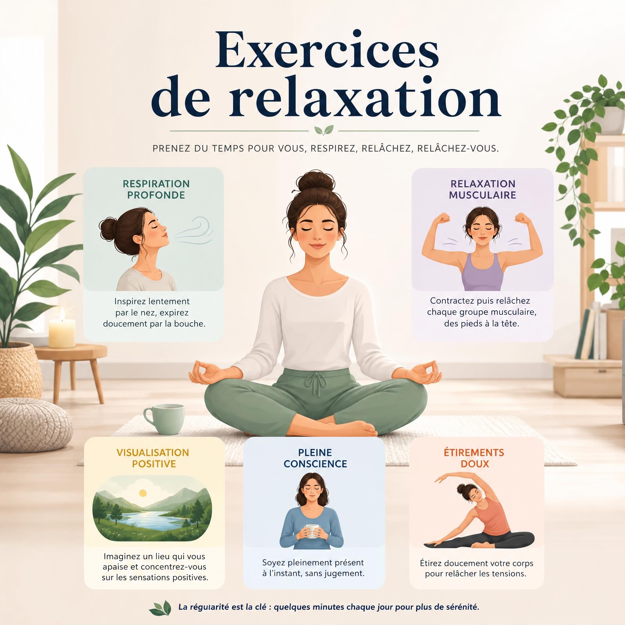 Femme allongée paisiblement dans une chambre tamisée aux tons doux, draps blancs, lumière douce et apaisante, expression de sérénité — plan moyen pour il
Hypnose et troubles du sommeil : 7 stratégies pratiques pour retrouver des nuits réparatrices
![Femme qui s’endort paisiblement dans une chambre tamisée aux tons beige et bois clair, draps doux, lumière douce en fond, ambiance sérénité et lâcher-pri
3 exercices de relaxation pour apaiser votre système nerveux en 10 minutes
![Femme d’environ 40 ans, yeux fermés, visage serein, assise dans un fauteuil chaleureux, pratiquant un exercice de respiration profonde dans un espace lum
3 exercices de relaxation pour apaiser votre système nerveux en 10 minutes
![exercices de relaxation
