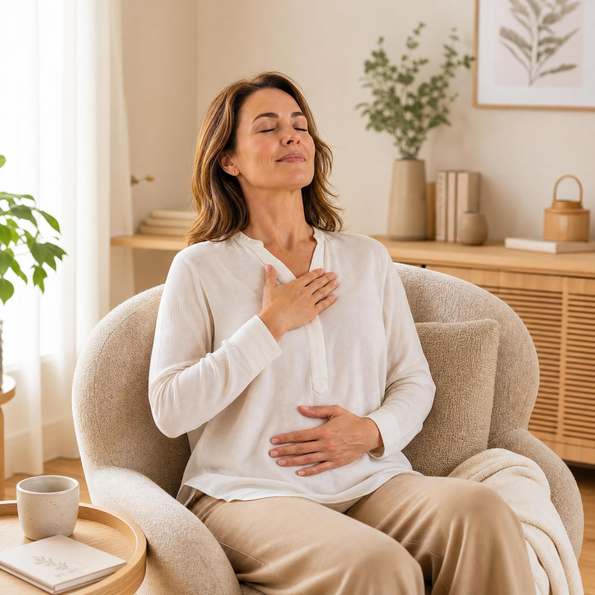 Femme d'environ 40 ans, yeux fermés, visage serein, assise dans un fauteuil chaleureux, pratiquant un exercice de respiration profonde dans un espace lumineux aux tons beige et bois clair