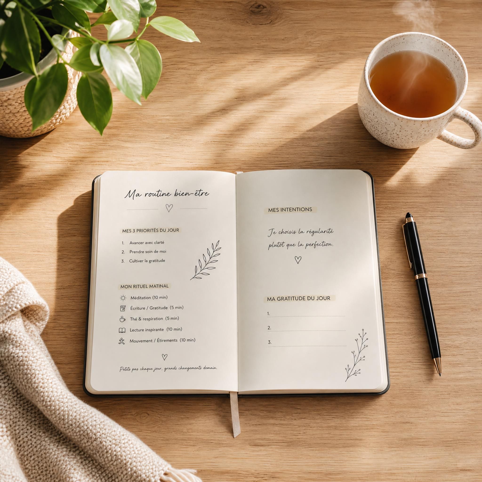 Vue aérienne d'un carnet ouvert avec un stylo posé à côté, sur une table en bois clair avec une tasse de thé fumante, évoquant un rituel matinal de bien-être et de régularité