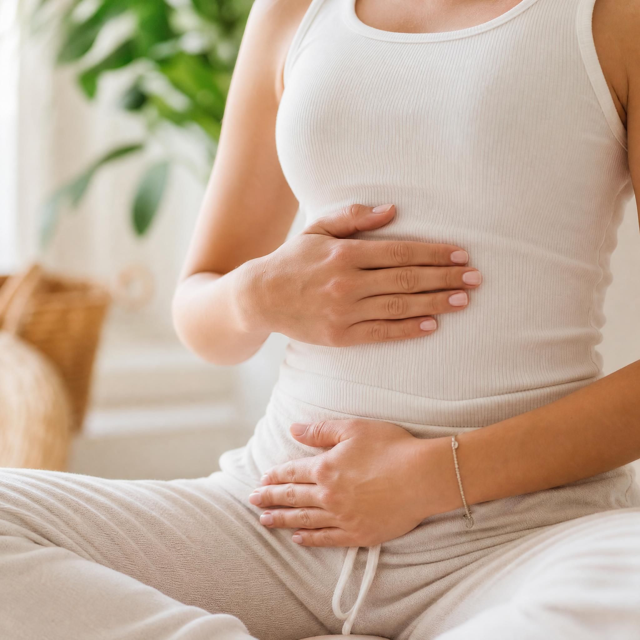 Gros plan sur les mains d'une femme posées sur son ventre, en position assise détendue, illustrant la respiration abdominale consciente dans un cadre lumineux et apaisant