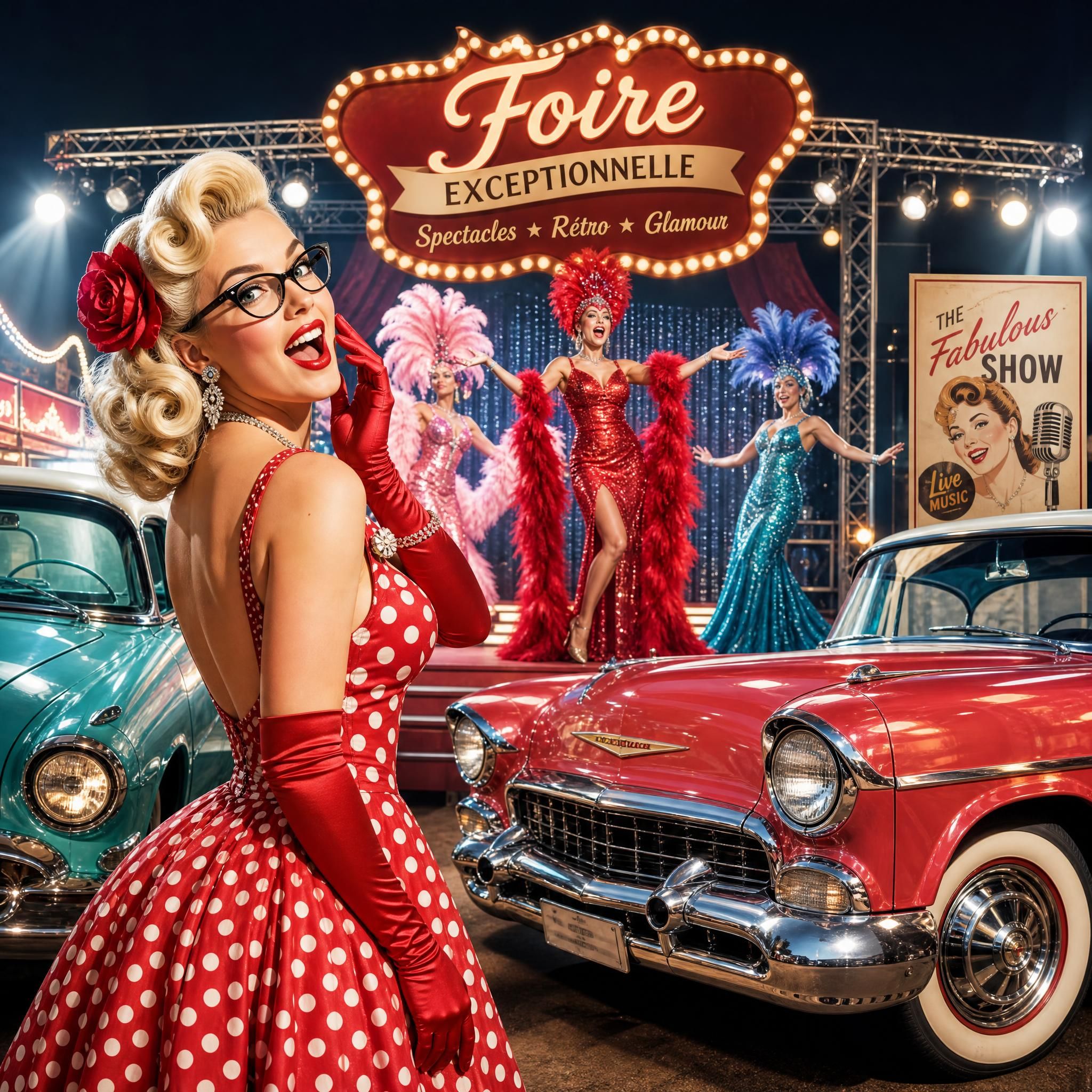 Spectacle pin-up glamour années 50 avec voitures anciennes chromées et artistes transformistes sur scène lors d'une foire événementielle