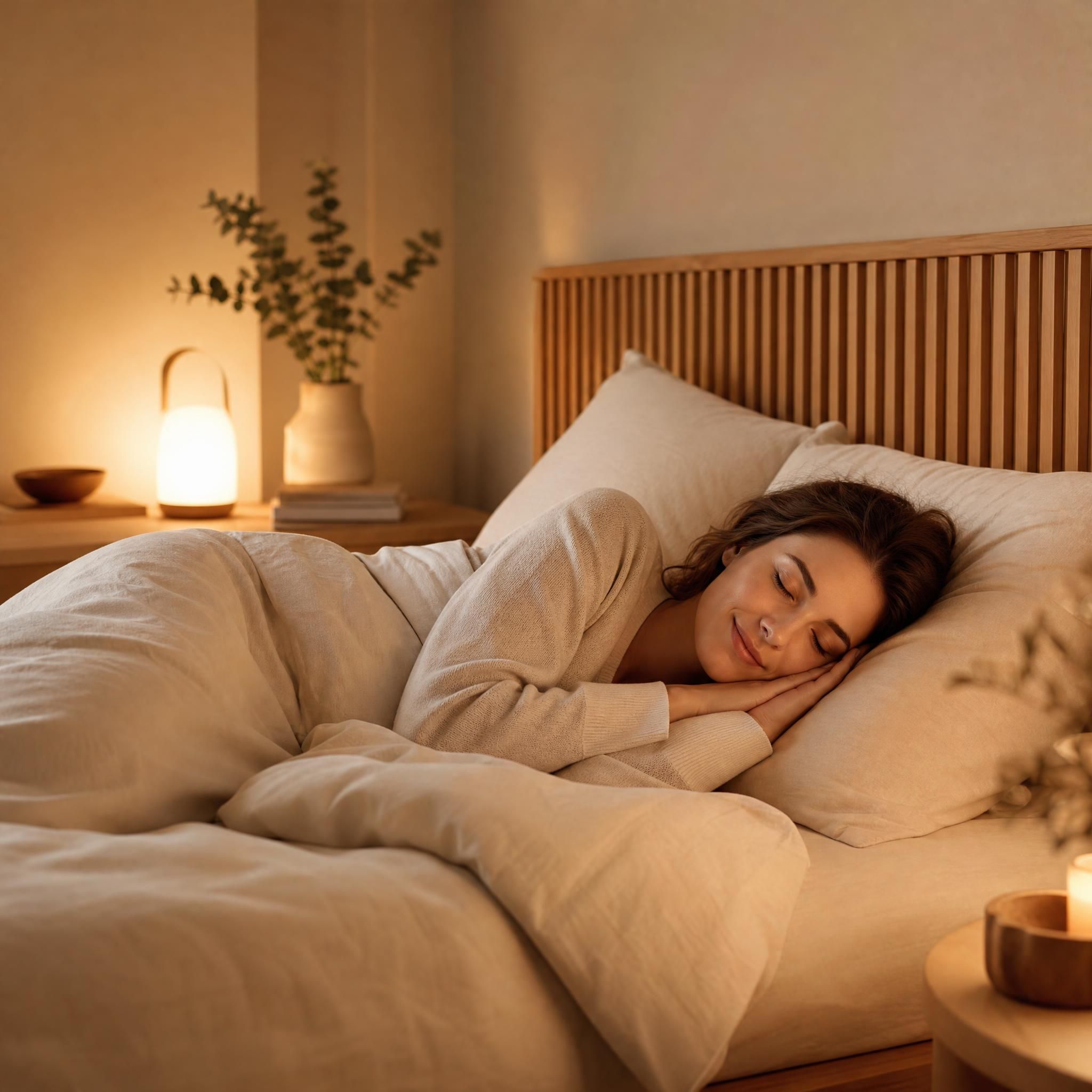 Femme qui s'endort paisiblement dans une chambre tamisée aux tons beige et bois clair, draps doux, lumière douce en fond, ambiance sérénité et lâcher-prise