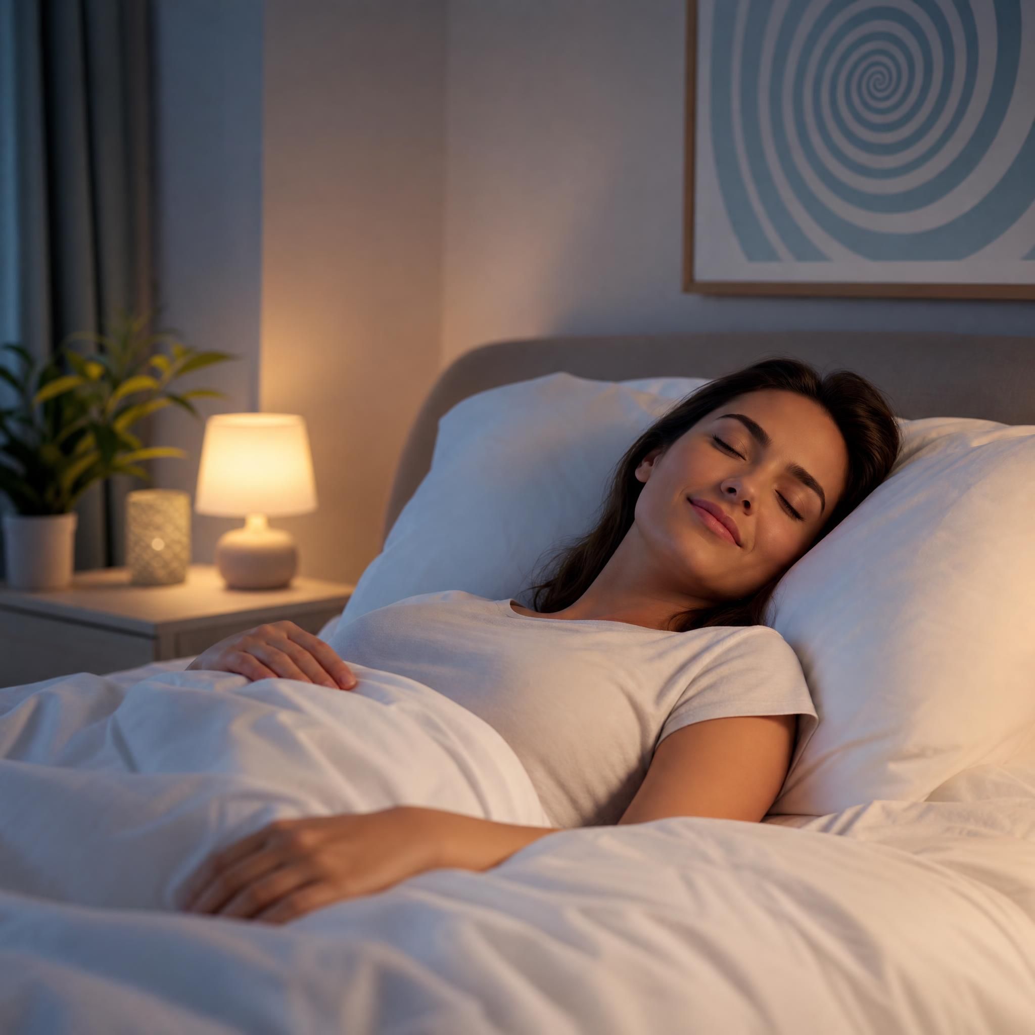 Femme allongée paisiblement dans une chambre tamisée aux tons doux, draps blancs, lumière douce et apaisante, expression de sérénité — plan moyen pour illustrer un article sur l'hypnose et les troubles du sommeil