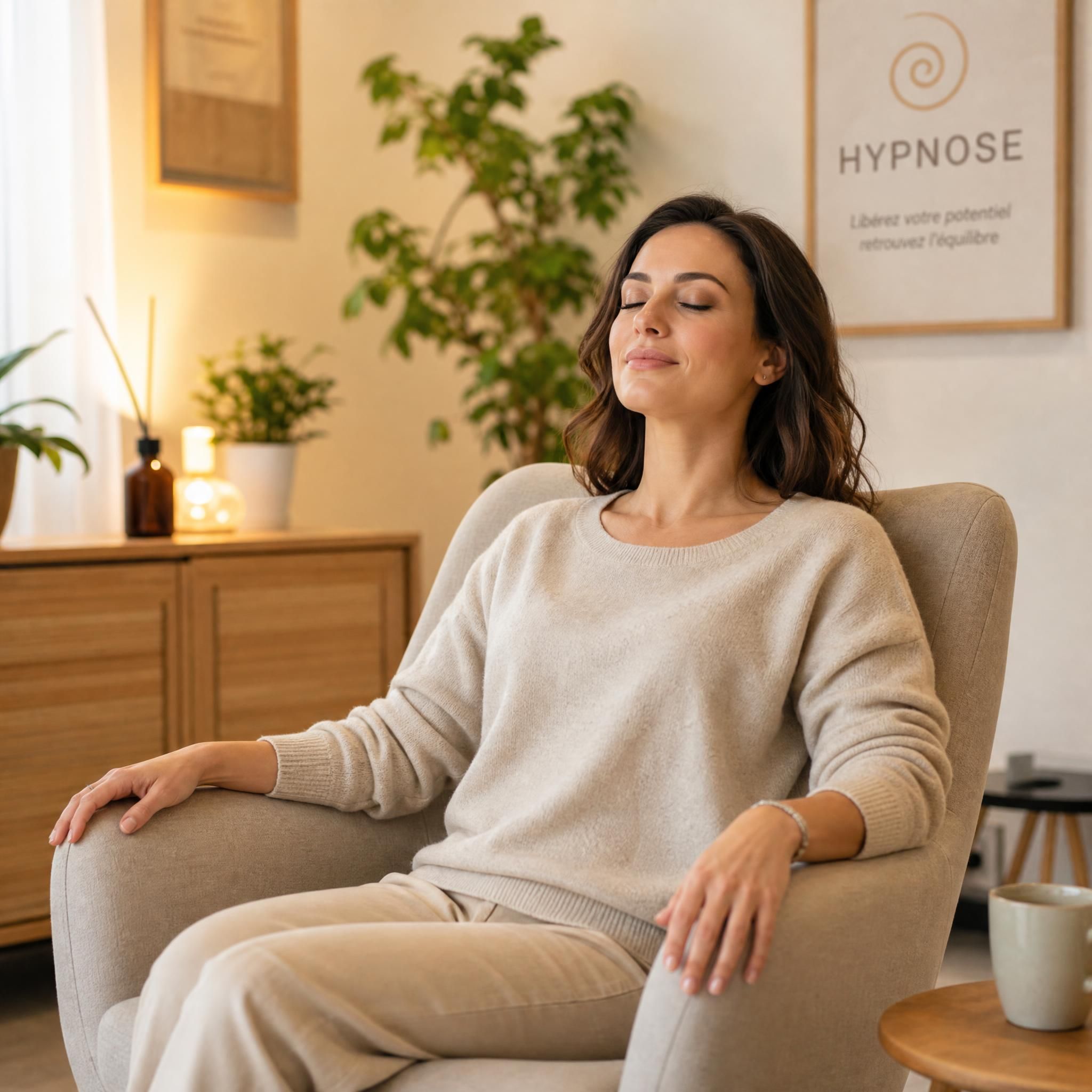 Femme d'une trentaine d'années dans un cabinet d'hypnose chaleureux, assise dans un fauteuil confortable, yeux mi-clos, expression de paix intérieure, tons beige et bois clair, lumière naturelle douce, plan moyen