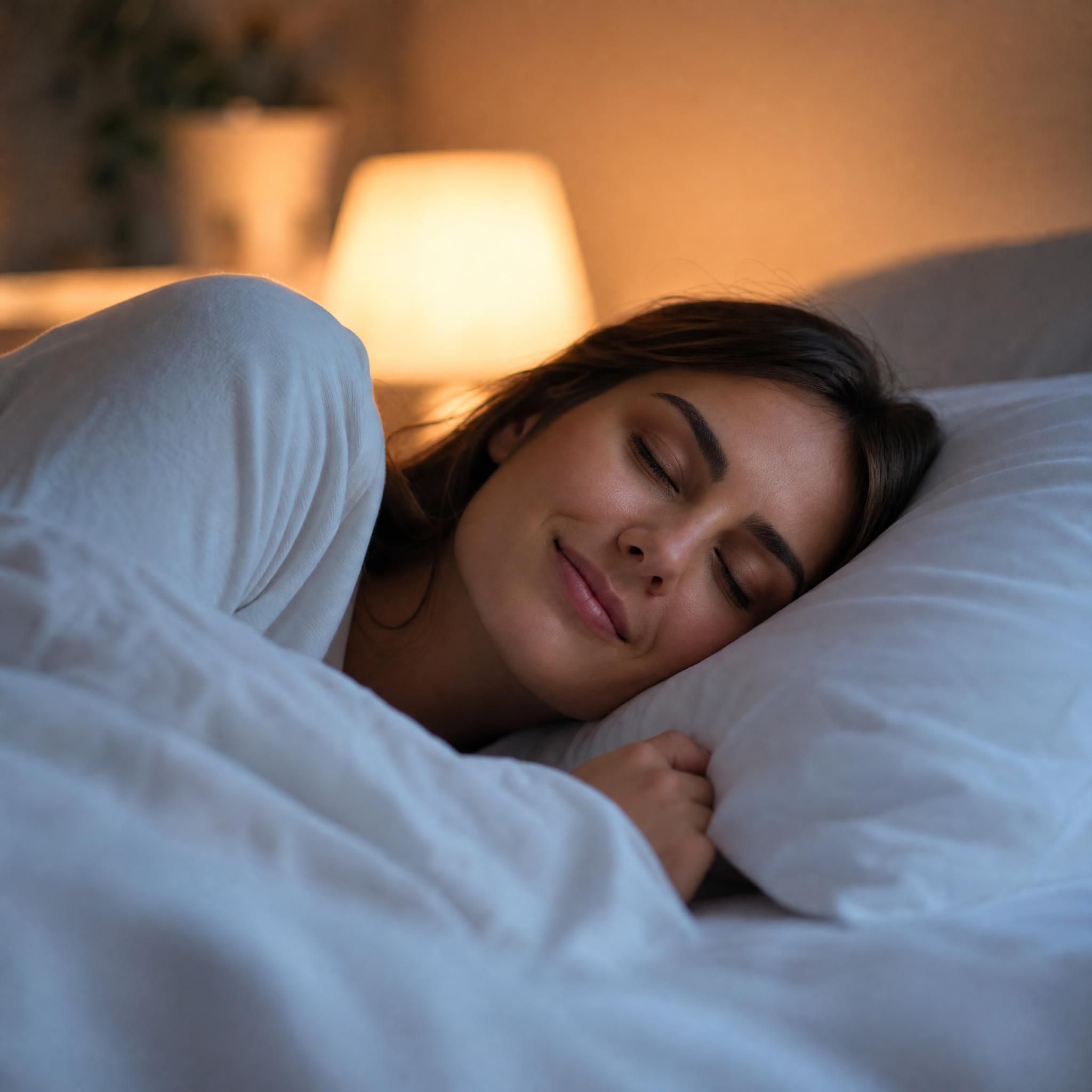 Femme paisible qui s'endort dans une chambre douce et tamisée, expression de sérénité et de lâcher-prise, draps blancs, lumière chaude en fond — plan rapproché sur le visage