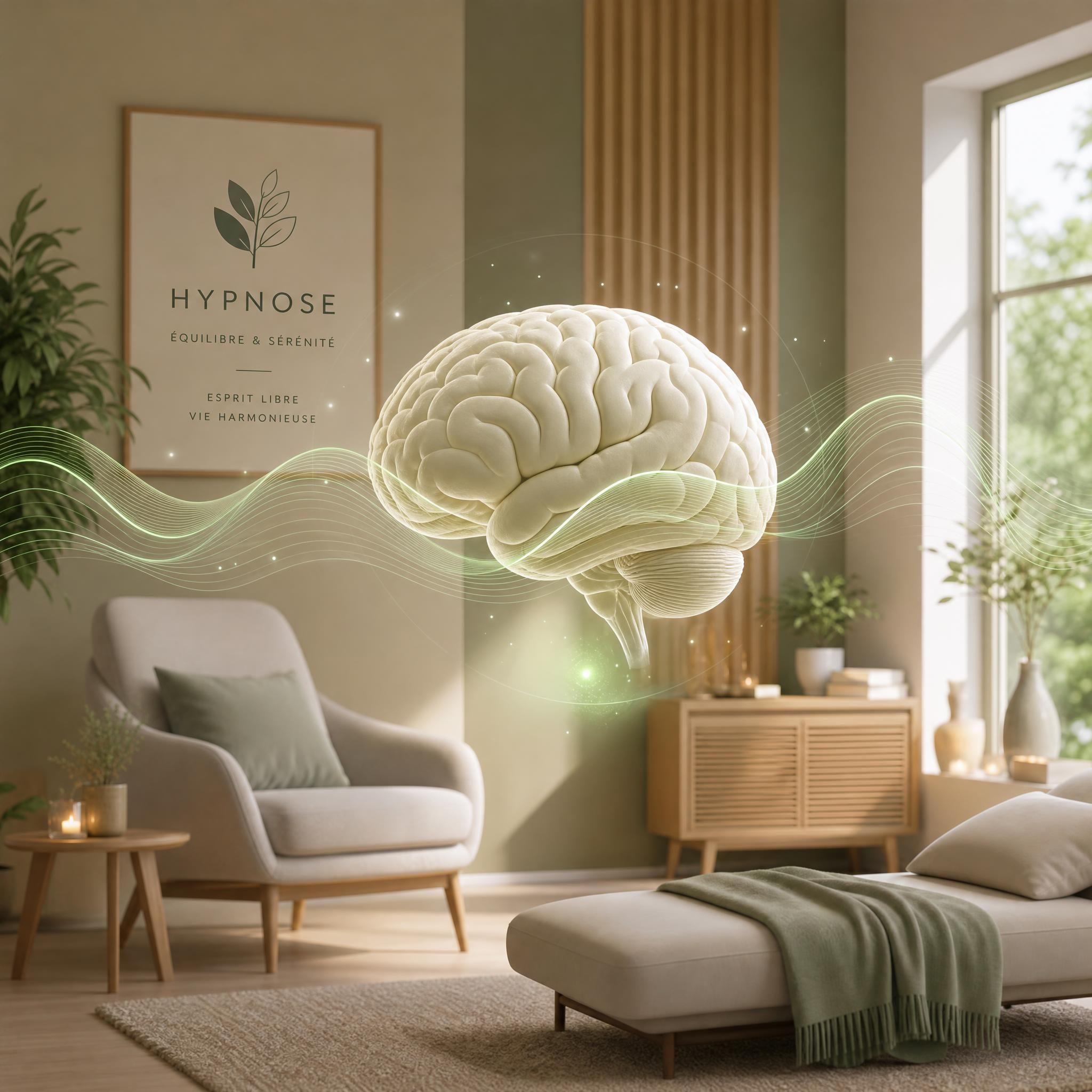 Illustration apaisante d'un cerveau en état de relaxation profonde avec ondes douces, ambiance cabinet d'hypnose moderne, tons beige et vert, lumière naturelle