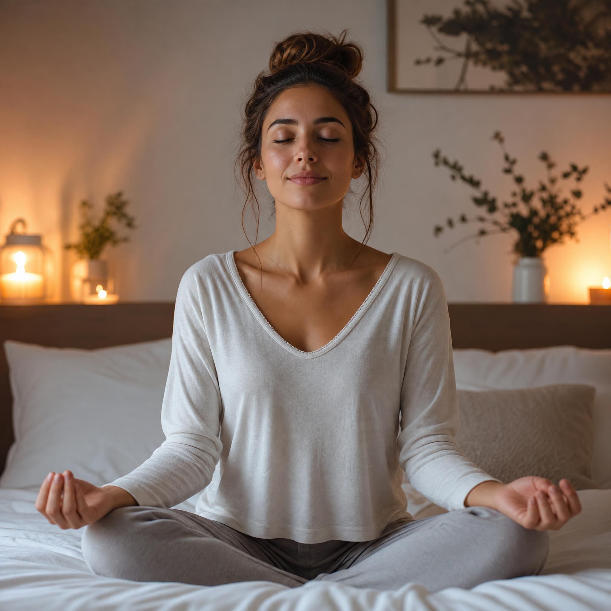 Femme assise en tailleur sur son lit dans une chambre apaisante, mains posées sur les genoux, yeux fermés, lumière de bougie douce en arrière-plan — gros plan pour illustrer un exercice de relaxation hypnotique avant le sommeil