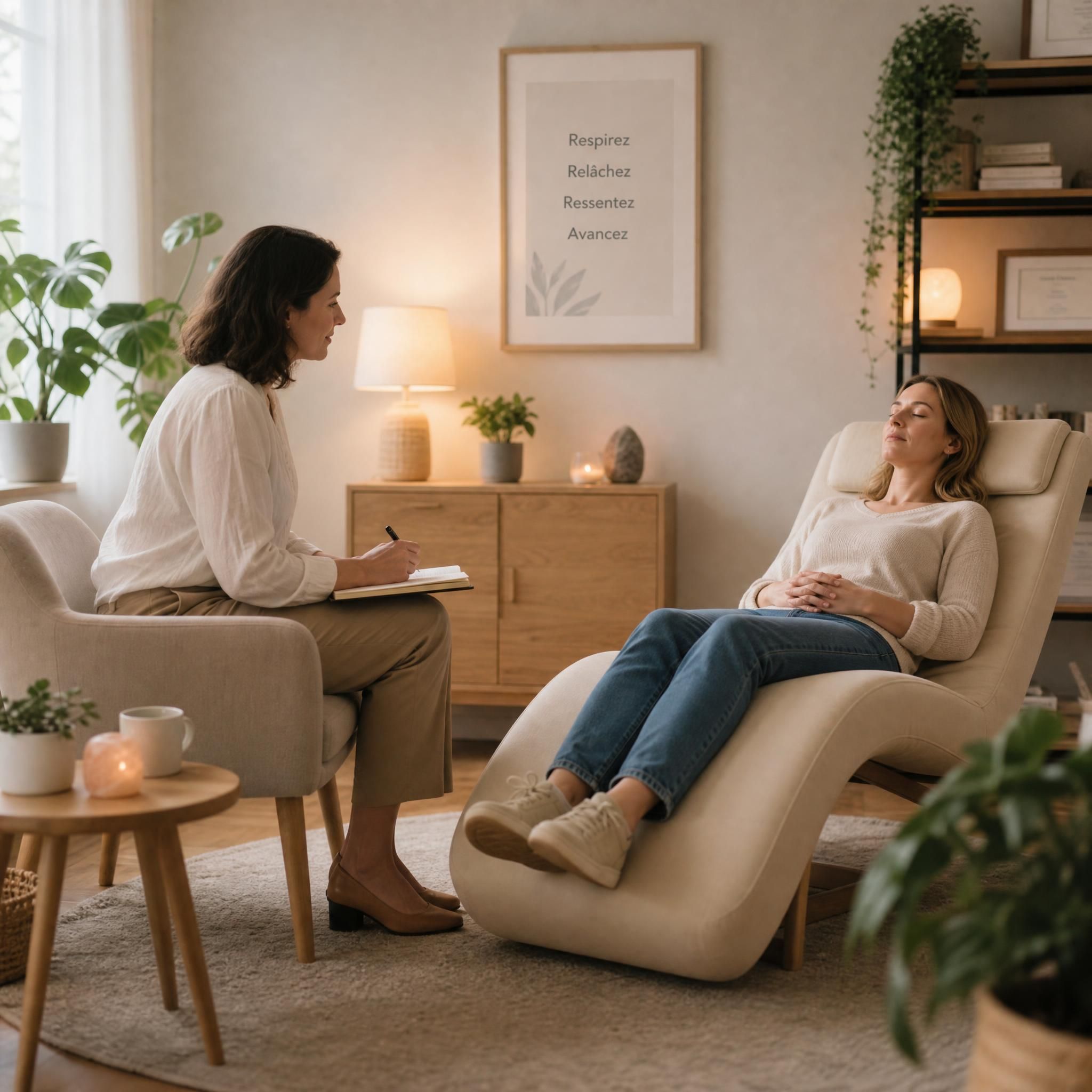 Hypnothérapeute bienveillante en séance avec une cliente détendue dans un cabinet chaleureux aux tons naturels, ambiance de confiance et de sécurité, lumière douce — plan large