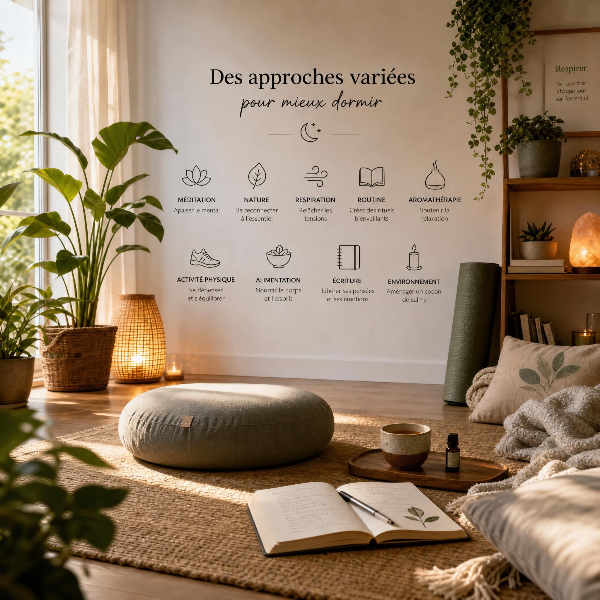 Vue d'ensemble d'un espace de bien-être calme avec plusieurs éléments symboliques : plantes vertes, coussin de méditation, carnet de notes, lumière douce — plan large pour illustrer la diversité des approches pour le sommeil