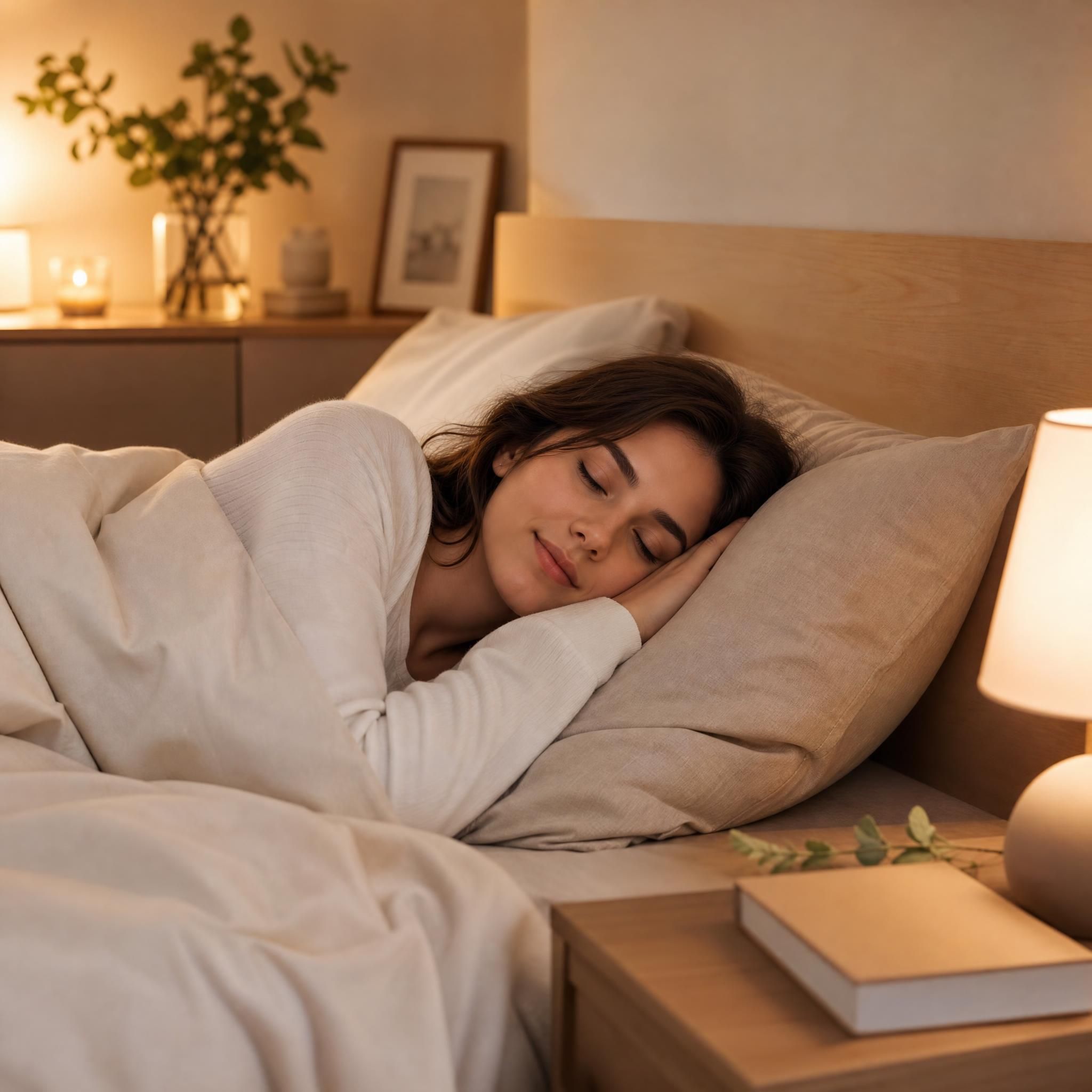 Femme qui s'endort paisiblement dans une chambre tamisée aux tons doux beige et bois clair, lumière douce en fond, draps confortables — plan moyen, ambiance apaisante et bienveillante
