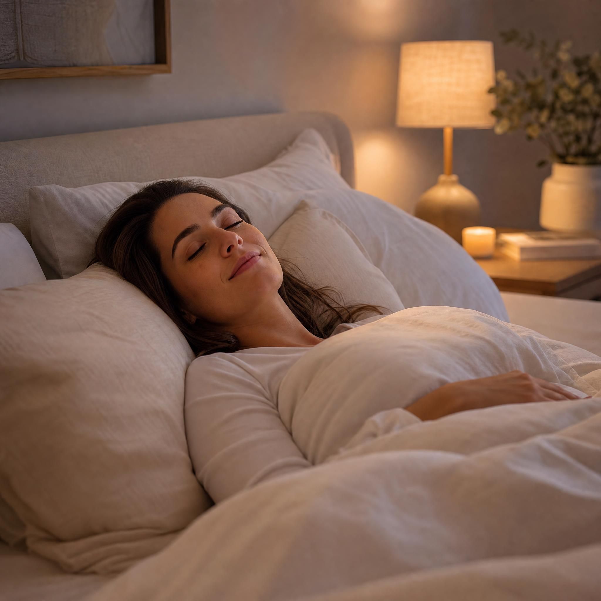 Femme allongée sereinement dans un lit douillet, yeux fermés, expression apaisée, chambre aux tons neutres et doux, ambiance de détente profonde et de lâcher-prise nocturne
