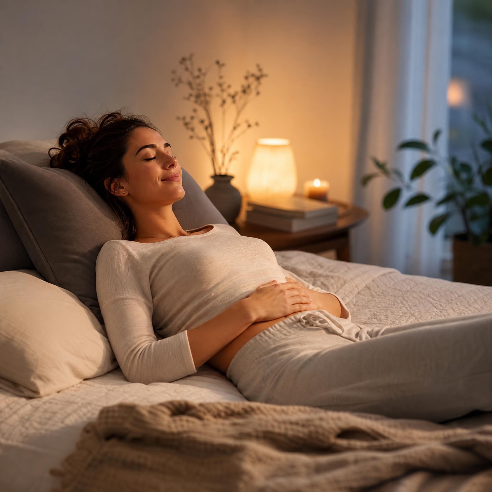 Femme allongée dans une chambre tamisée, posture détendue, mains sur le ventre, expression de paix intérieure, lumière douce et apaisante