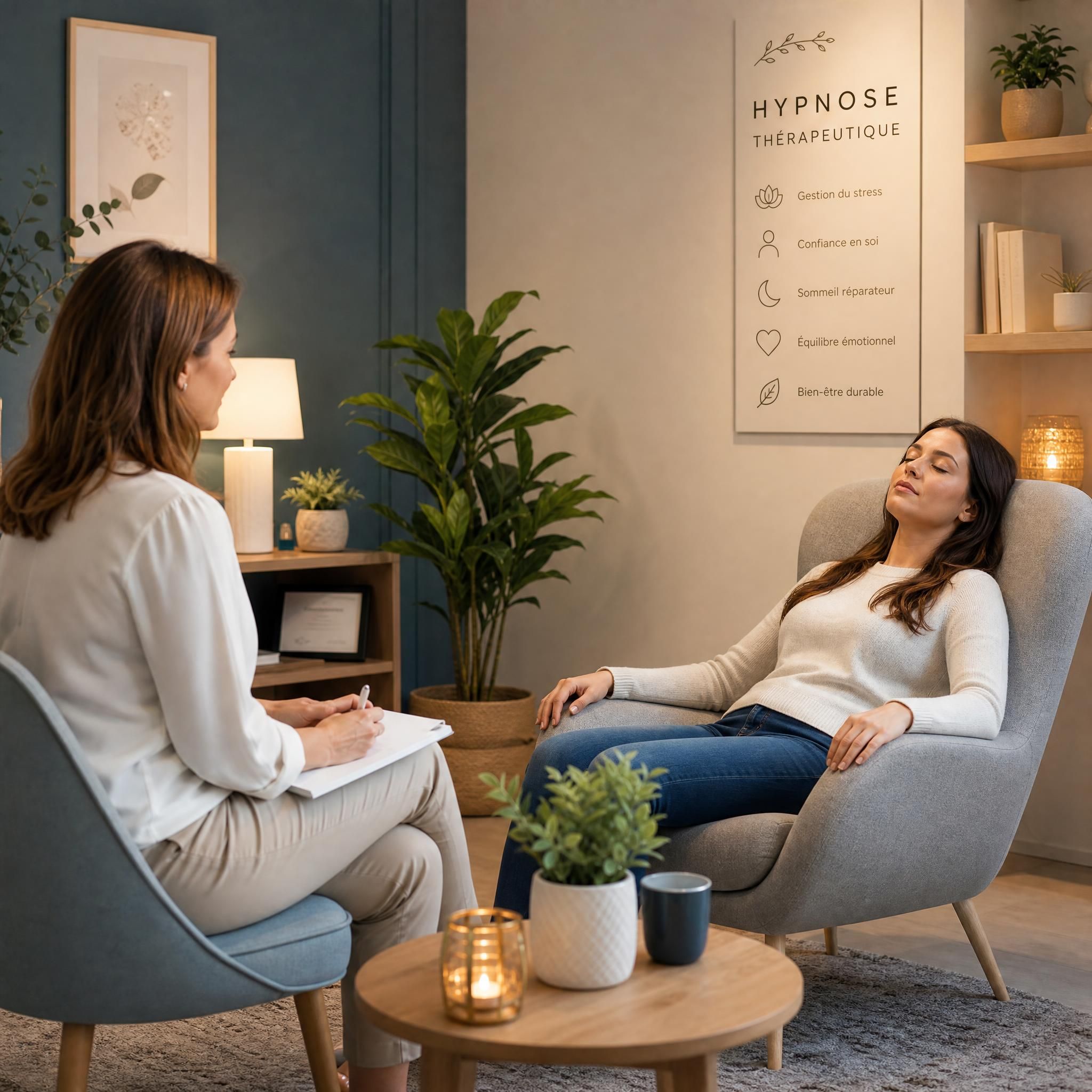Représentation visuelle d'une séance d'hypnose thérapeutique dans un cabinet moderne et chaleureux, praticienne bienveillante face à une patiente détendue dans un fauteuil confortable