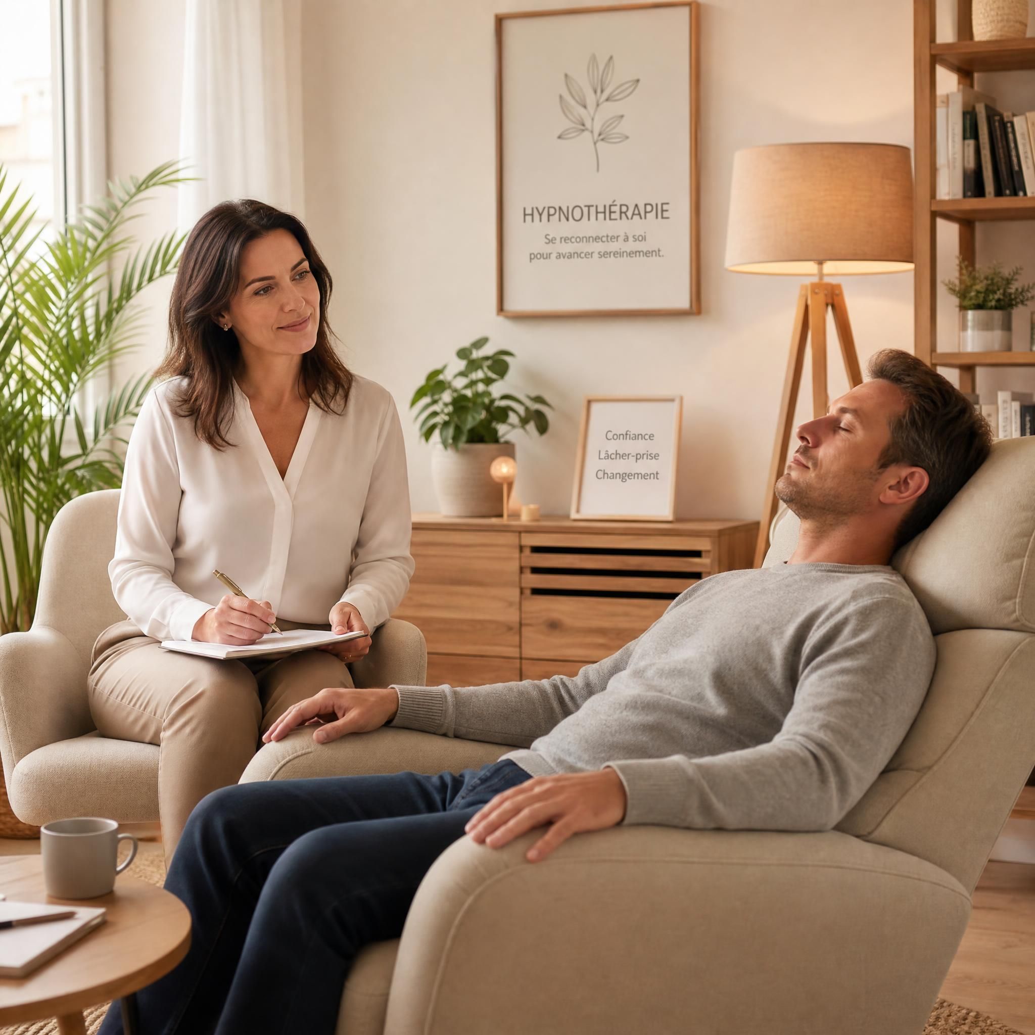 Hypnothérapeute en cabinet chaleureux aux tons beige et bois clair, en séance avec un patient détendu dans un fauteuil confortable, lumière naturelle douce, atmosphère de confiance et de bienveillance