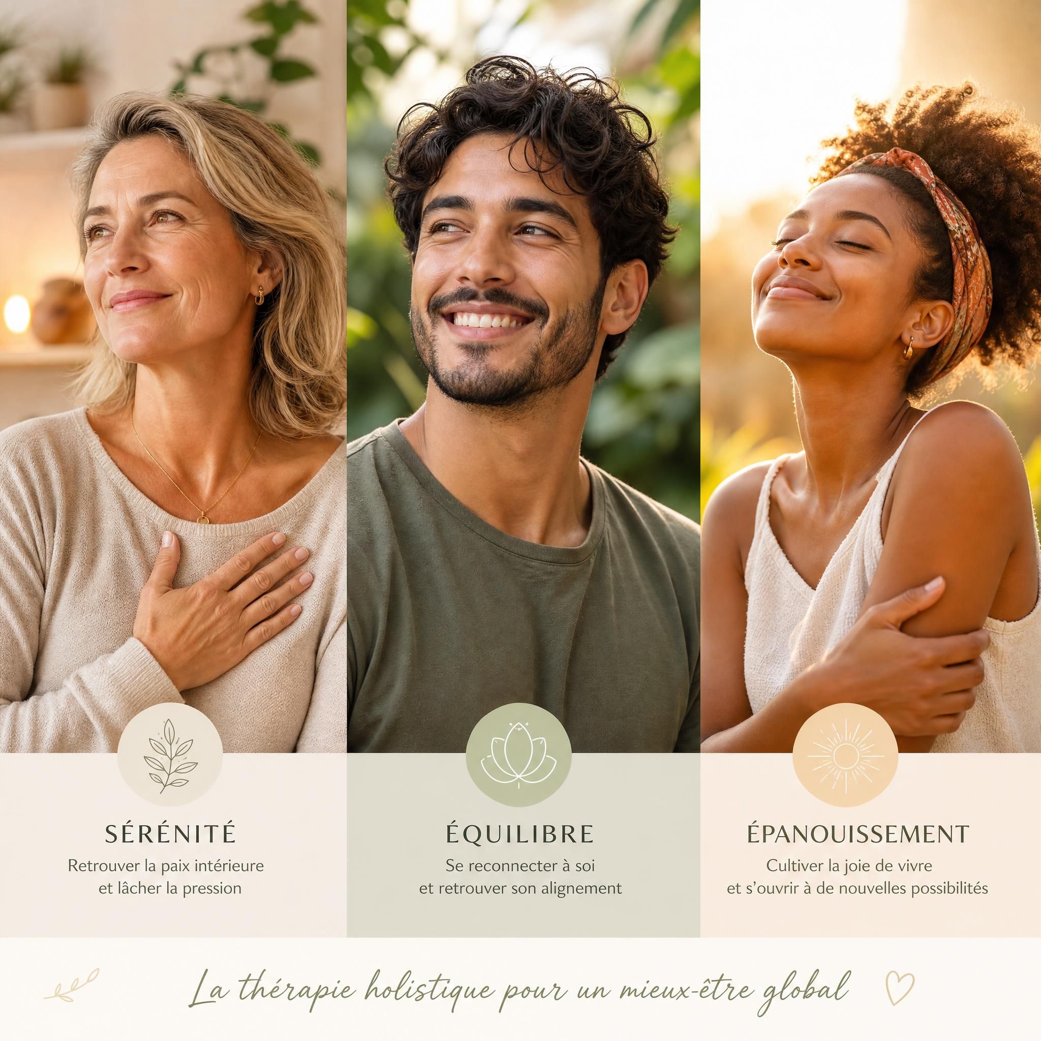 Trois portraits symboliques de personnes apaisées après une thérapie holistique, diversité de profils, lumière chaleureuse et bienveillante