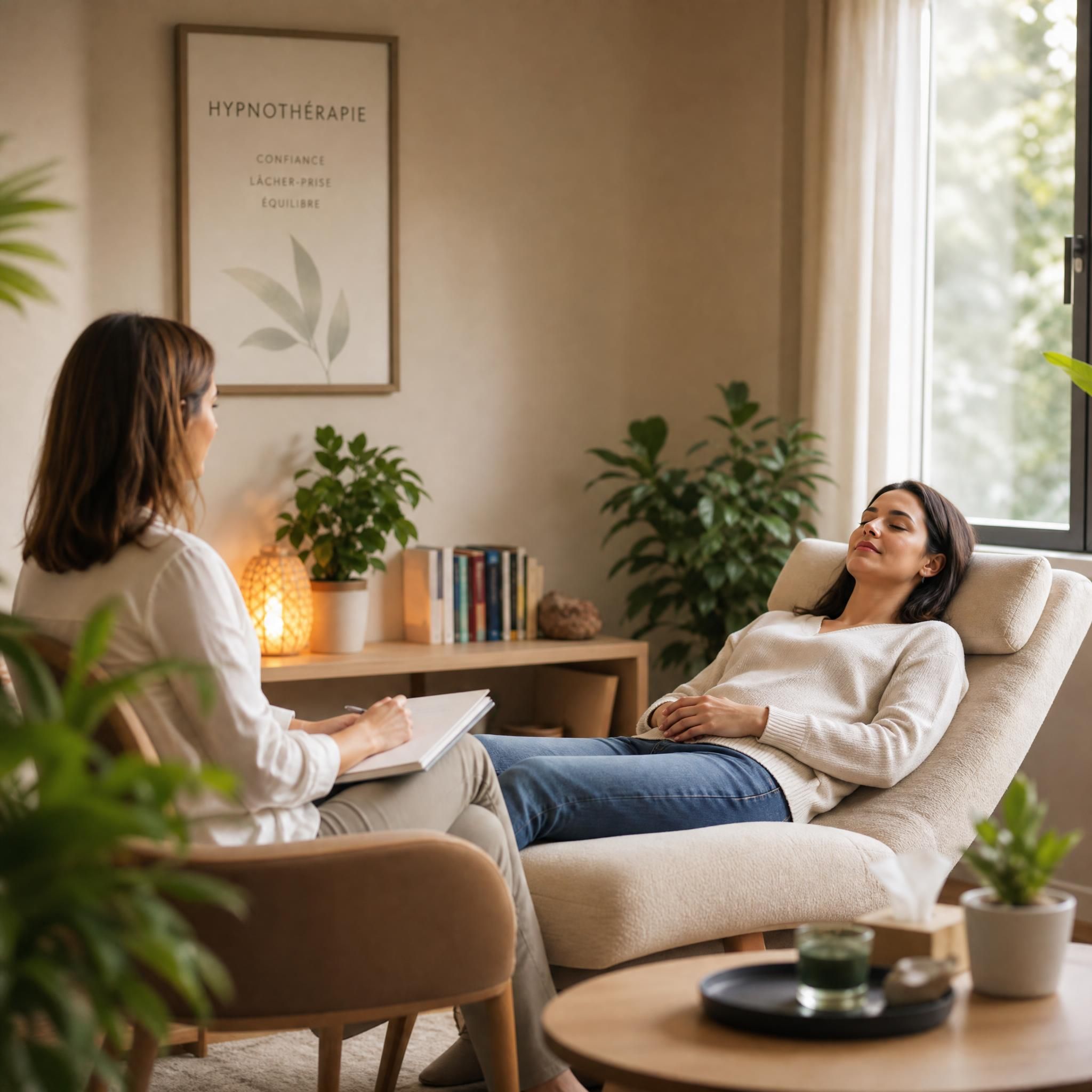 Hypnothérapeute et patient en séance, espace chaleureux et bienveillant, lumière naturelle, atmosphère de confiance