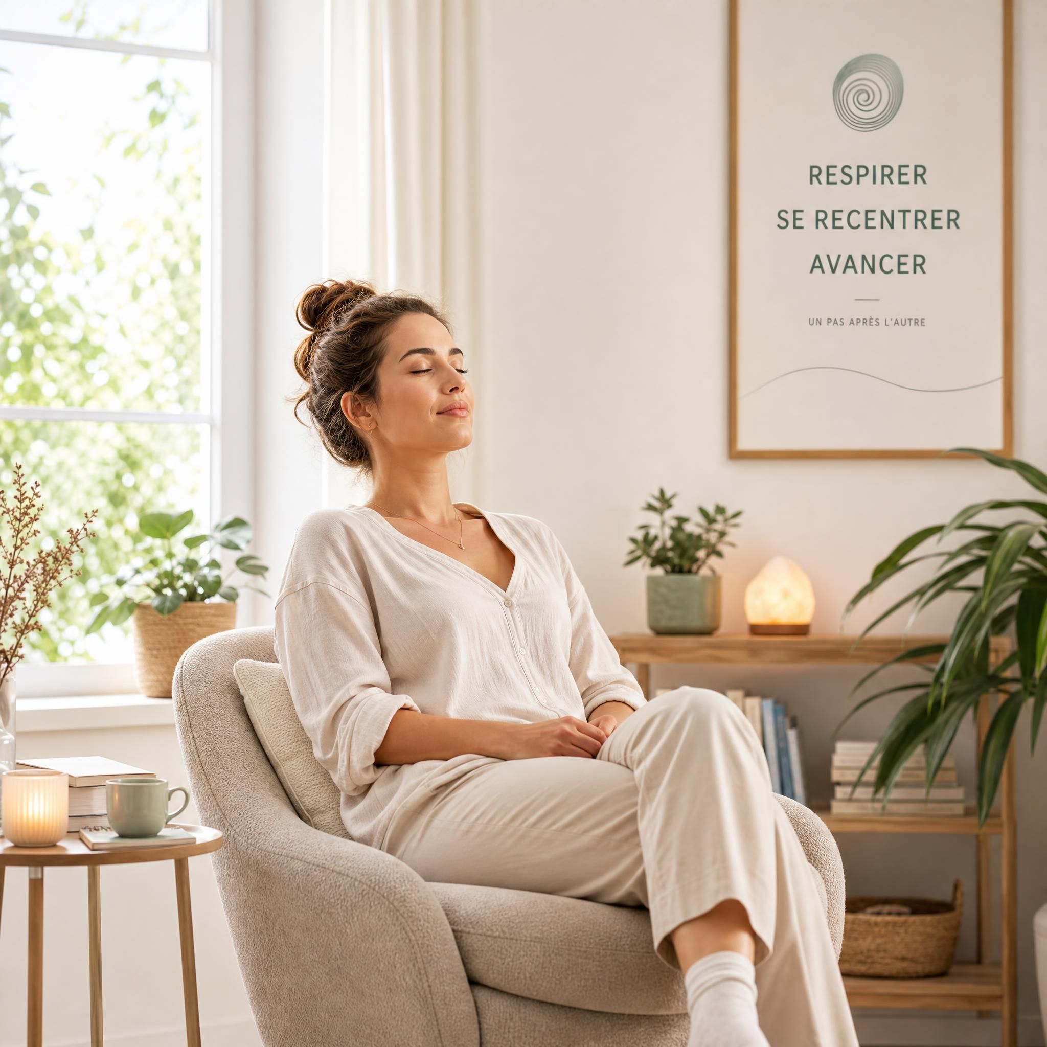 Femme assise en position de détente, les yeux fermés, dans un espace lumineux et apaisant — hypnose anxiété quotidien