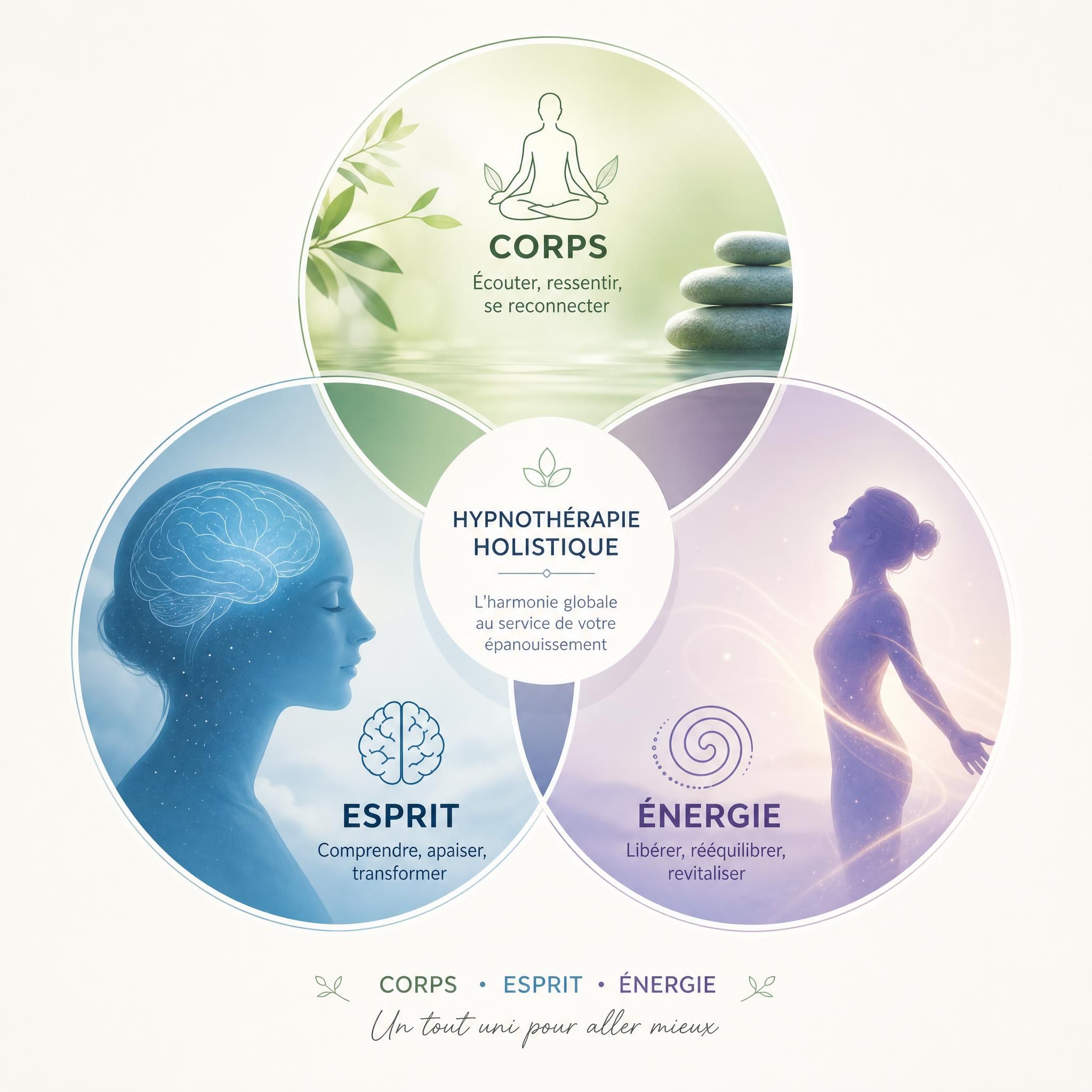 Illustration symbolique des trois dimensions corps-esprit-énergie en hypnothérapie holistique, cercles interconnectés, couleurs douces et apaisantes