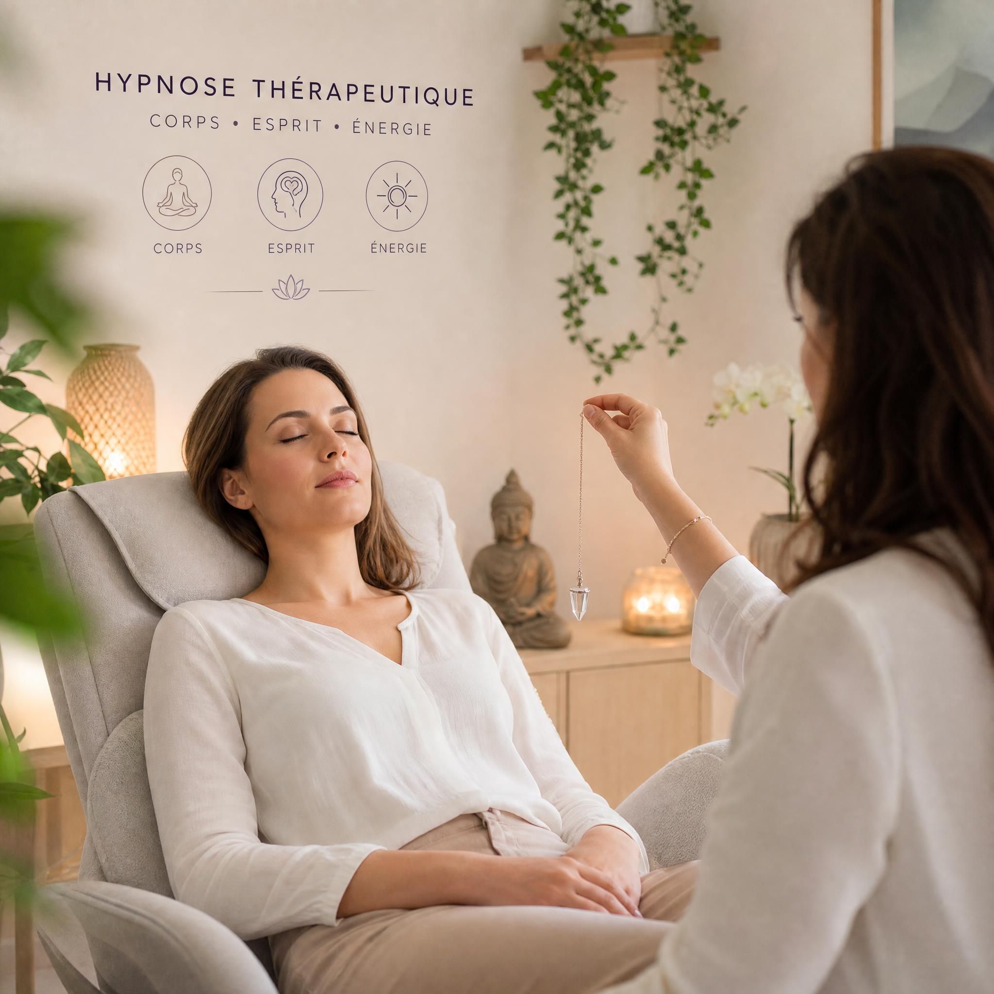 Femme sereine en séance d'hypnose thérapeutique, lumière douce, ambiance apaisante corps-esprit-énergie