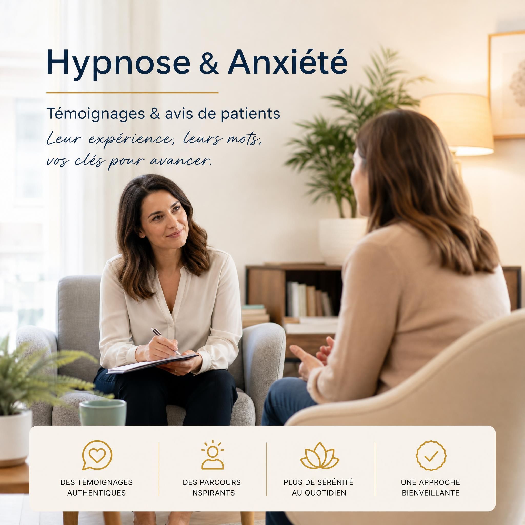 Deux personnes en conversation bienveillante dans un cabinet de thérapie — témoignages hypnose anxiété avis patients