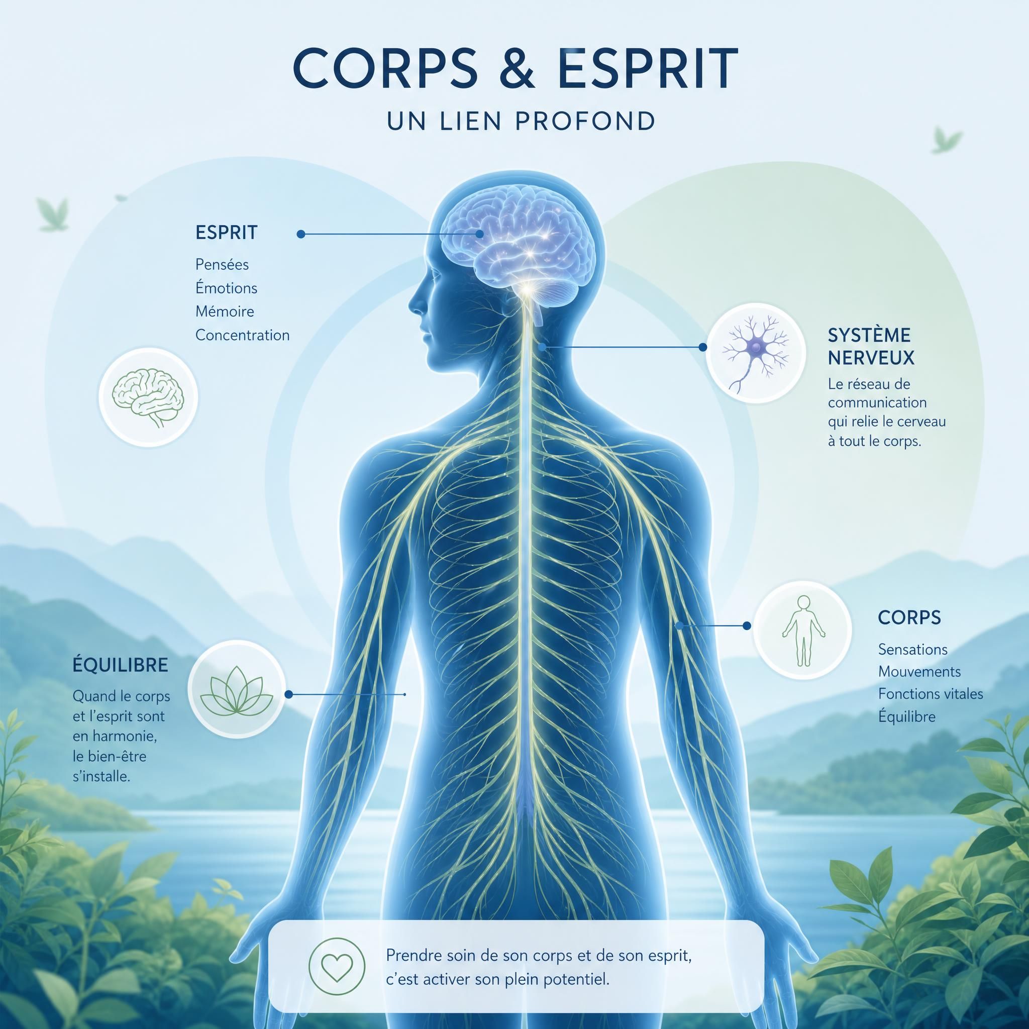 Illustration douce du système nerveux humain avec connexions corps-esprit, tons bleus et verts apaisants