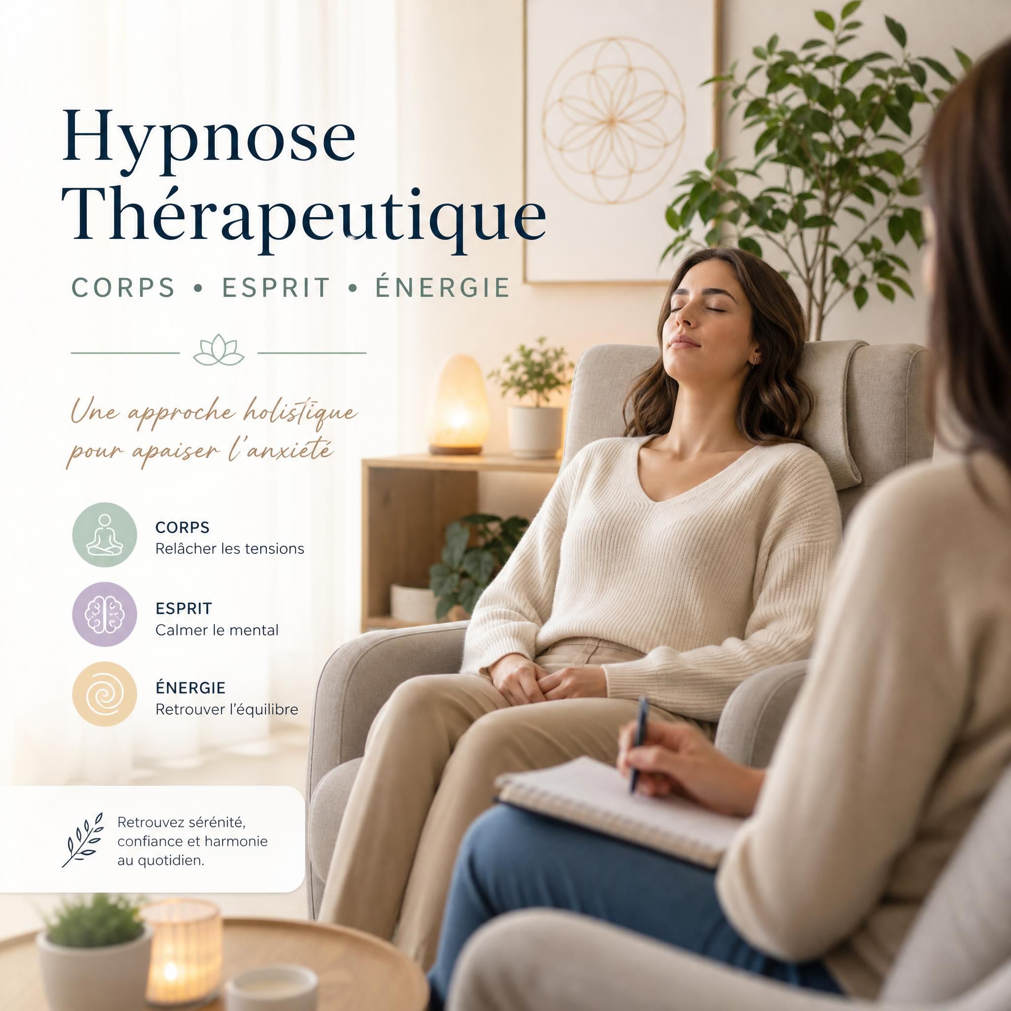 Femme sereine assise les yeux fermés en séance d'hypnose thérapeutique, ambiance douce et lumineuse, approche corps-esprit-énergie pour l'anxiété