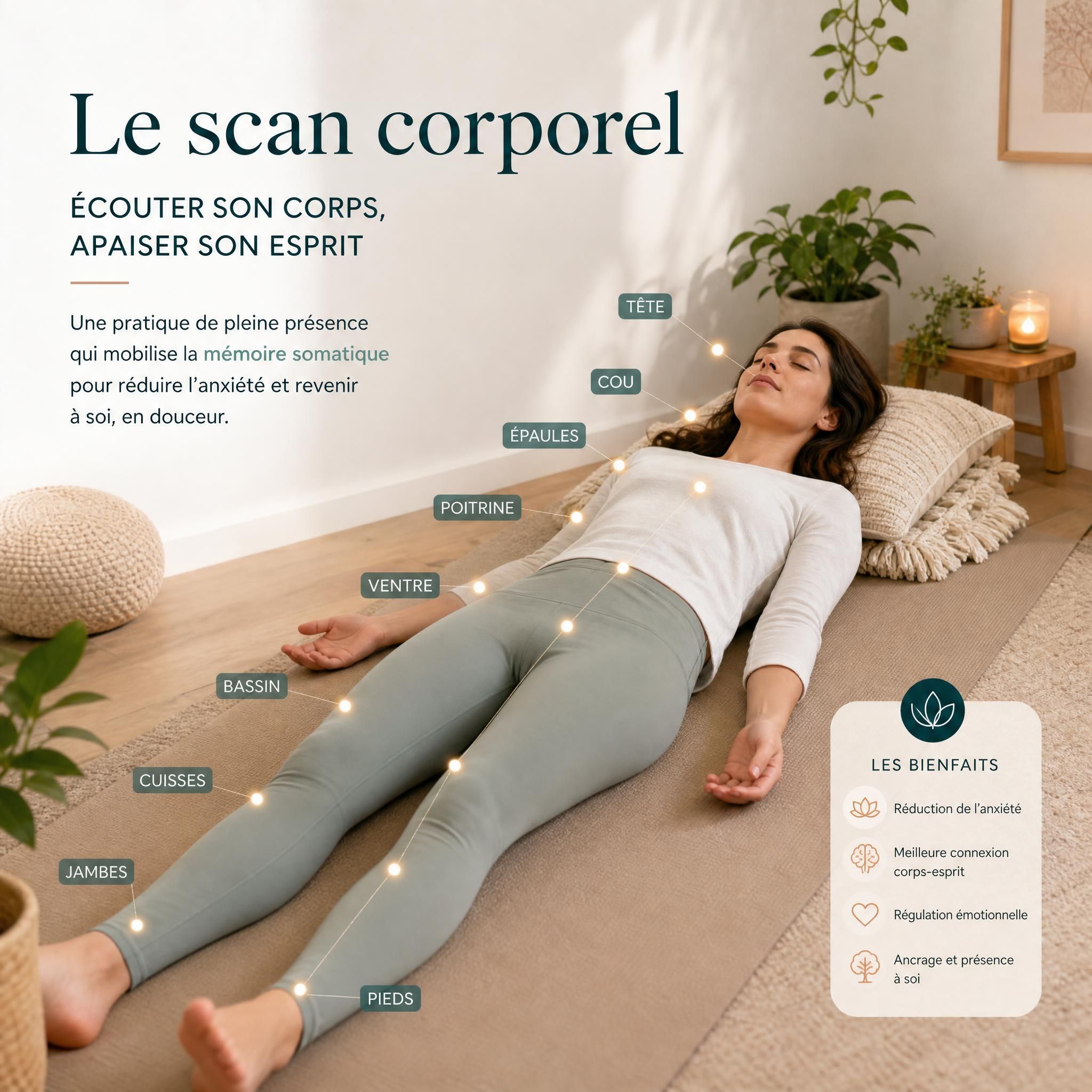 Femme allongée en position de relaxation pratiquant un scan corporel — mémoire somatique approche holistique anxiété