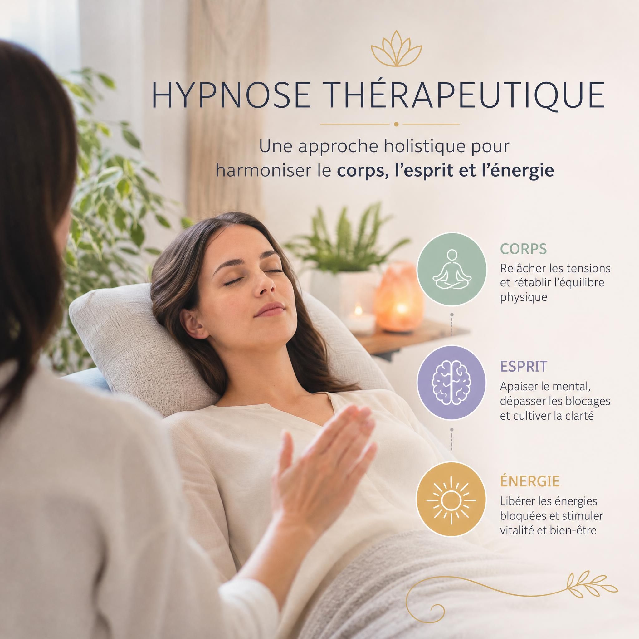 Femme sereine les yeux fermés en séance d'hypnose thérapeutique, lumière douce et apaisante, approche holistique corps-esprit-énergie