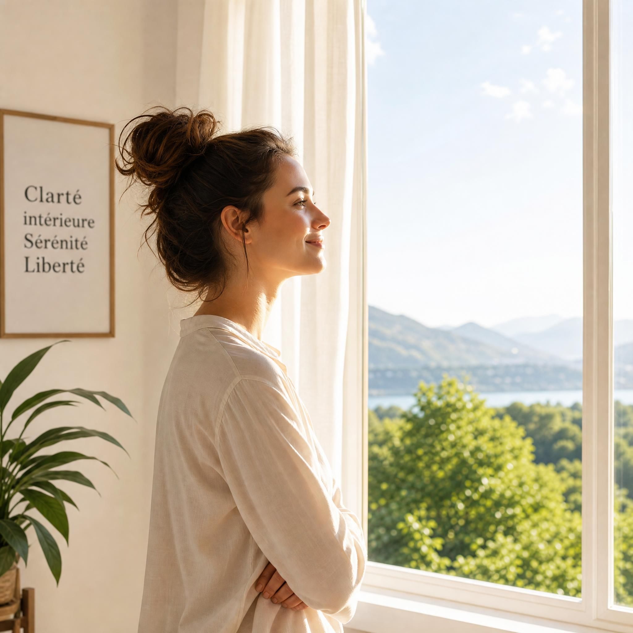 Femme sereine regardant par une fenêtre lumineuse, symbolisant la clarté intérieure et la libération de l'anxiété après hypnose