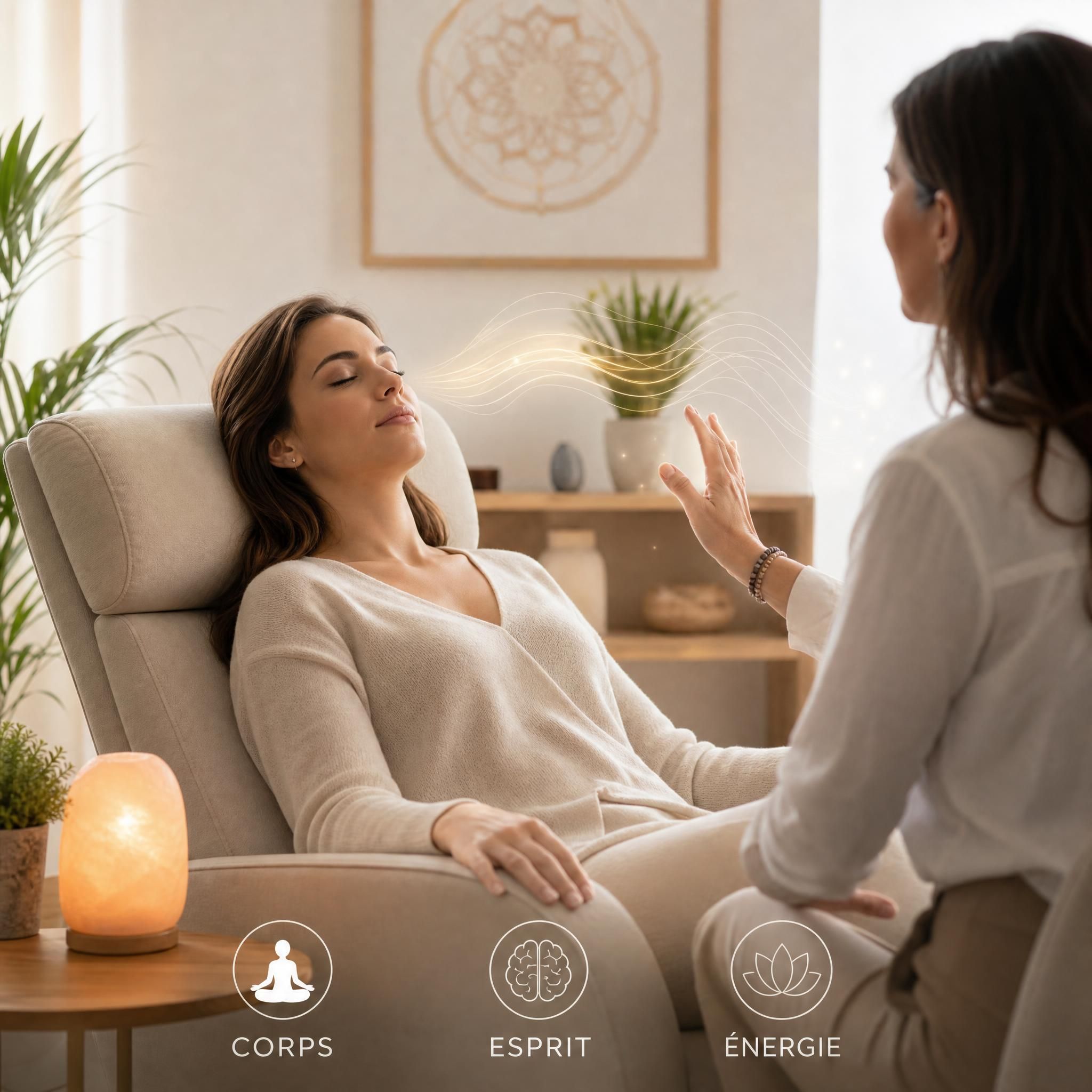 Femme en état de relaxation profonde lors d'une séance d'hypnose thérapeutique, lumière douce et apaisante, approche corps-esprit-énergie