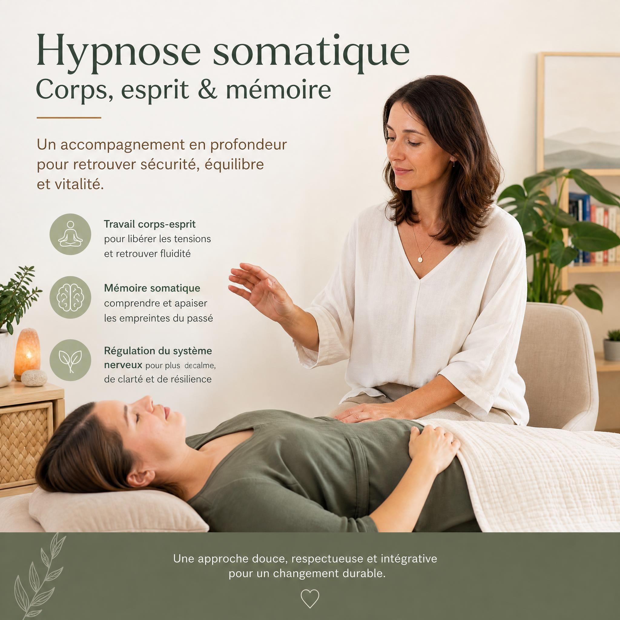 Praticienne en hypnose somatique guidant une cliente, travail corps-esprit, mémoire somatique et régulation du système nerveux