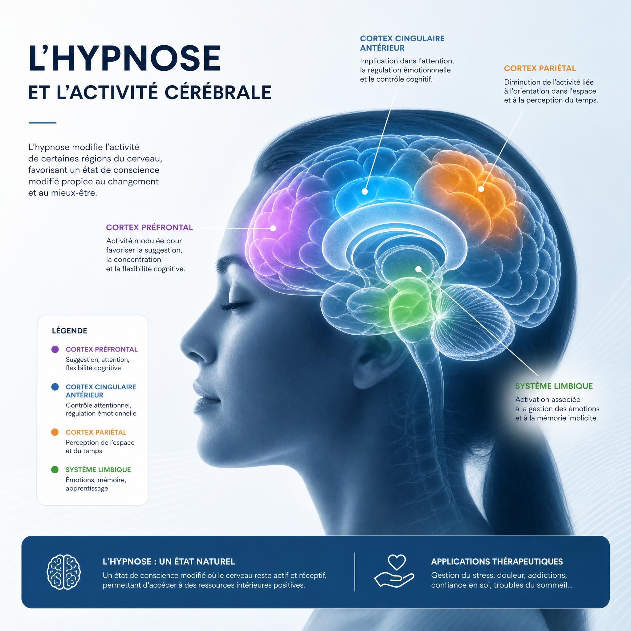Illustration cerveau humain avec zones d'activation pendant l'état hypnotique, neurosciences et hypnose thérapeutique