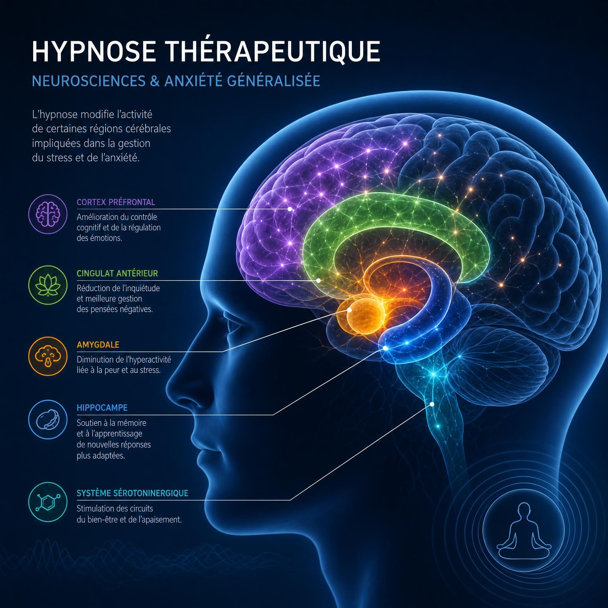 Illustration du cerveau avec zones d'activité neuronale en couleur — hypnose thérapeutique neurosciences anxiété généralisée