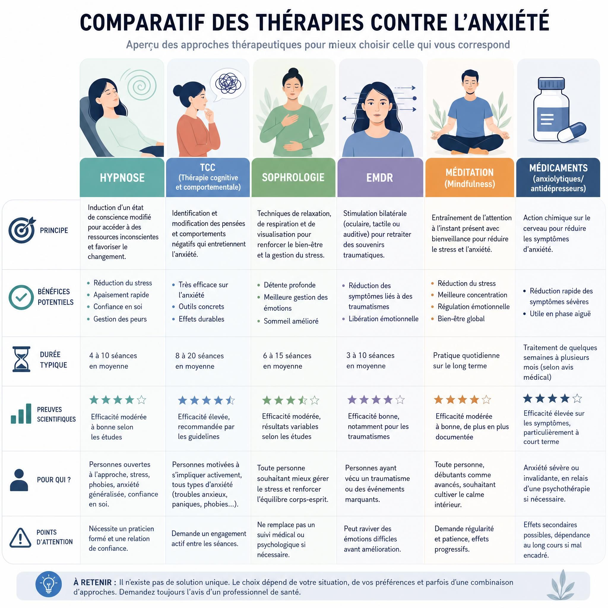 Tableau comparatif illustré des différentes thérapies pour l'anxiété - hypnose, TCC, sophrologie, EMDR, méditation, médicaments