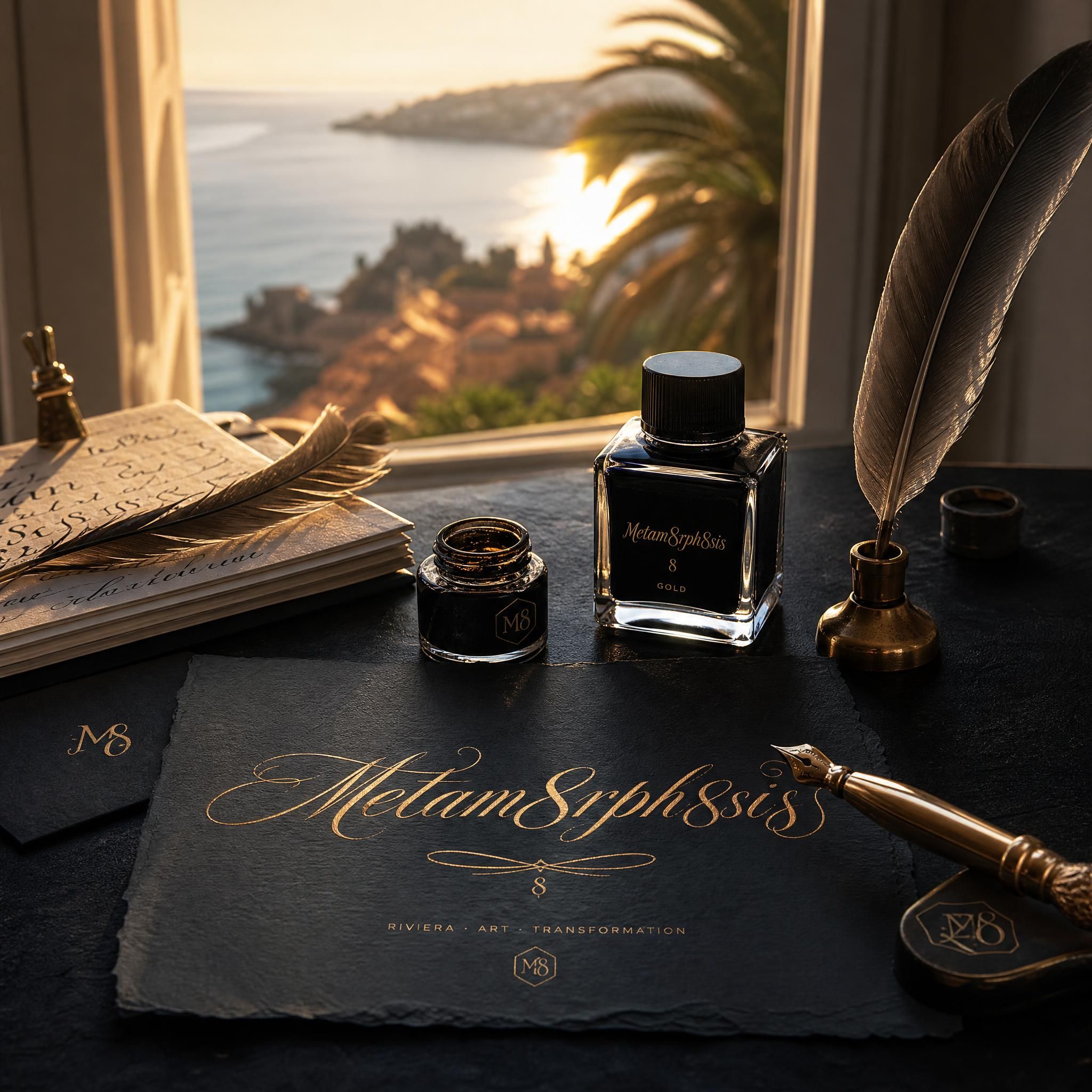 Lumière dorée de la Riviera sur un atelier de calligraphie, encres et plumes posées sur fond sombre, univers Metam8rph8sis