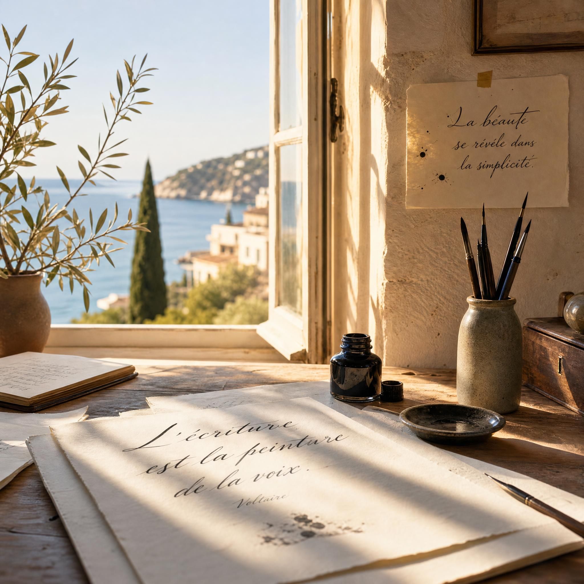 Mediterranean morning light filtering through a calligraphy studio window on the French Riviera, golden hour, ink and paper on a wooden desk, poetic and contemplative atmosphere