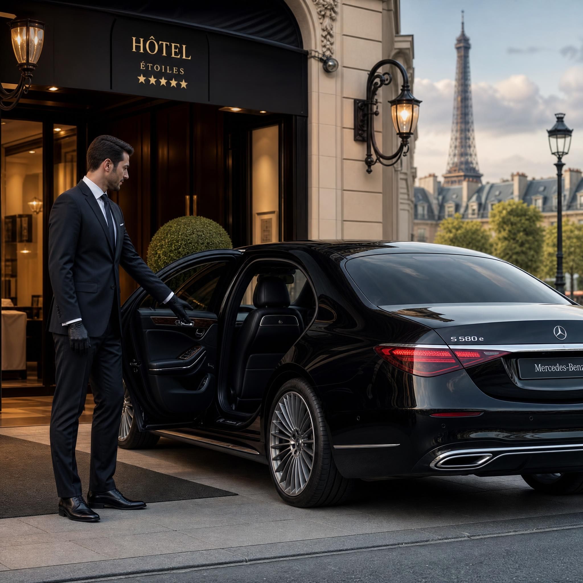 Chauffeur professionnel en costume sombre ouvrant la porte d'une Mercedes Classe S noire devant un hôtel 5 étoiles à Paris, illustrant le service de chauffeur privé entreprise haut de gamme