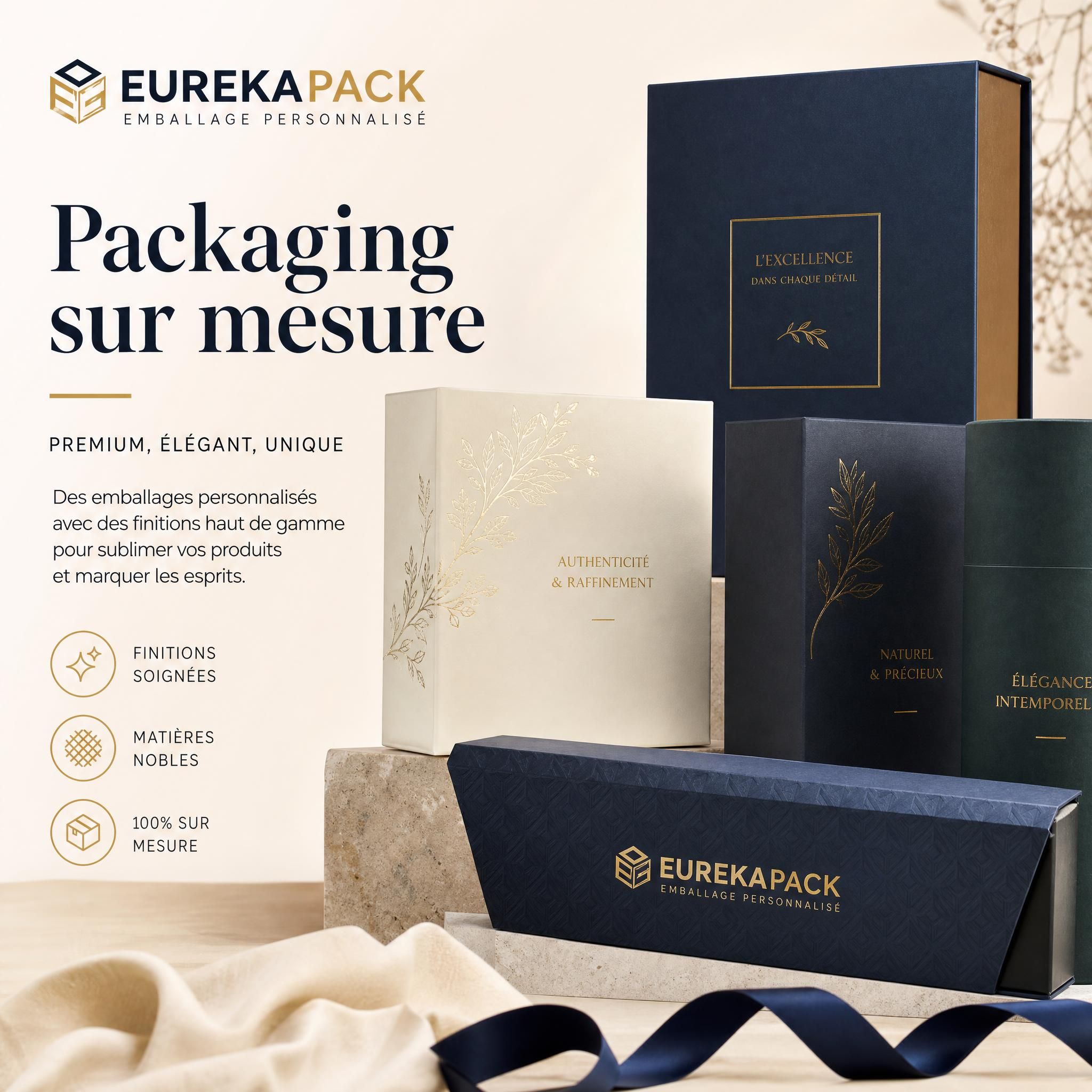 Packaging sur mesure premium avec finitions soignées dorures et textures — EUREKAPACK emballage personnalisé